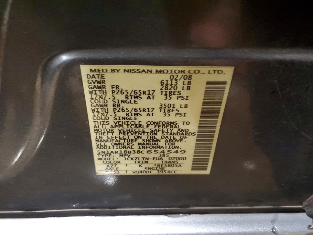 2008 Nissan Pathfinder S Gray vin: 5N1AR18B38C654549