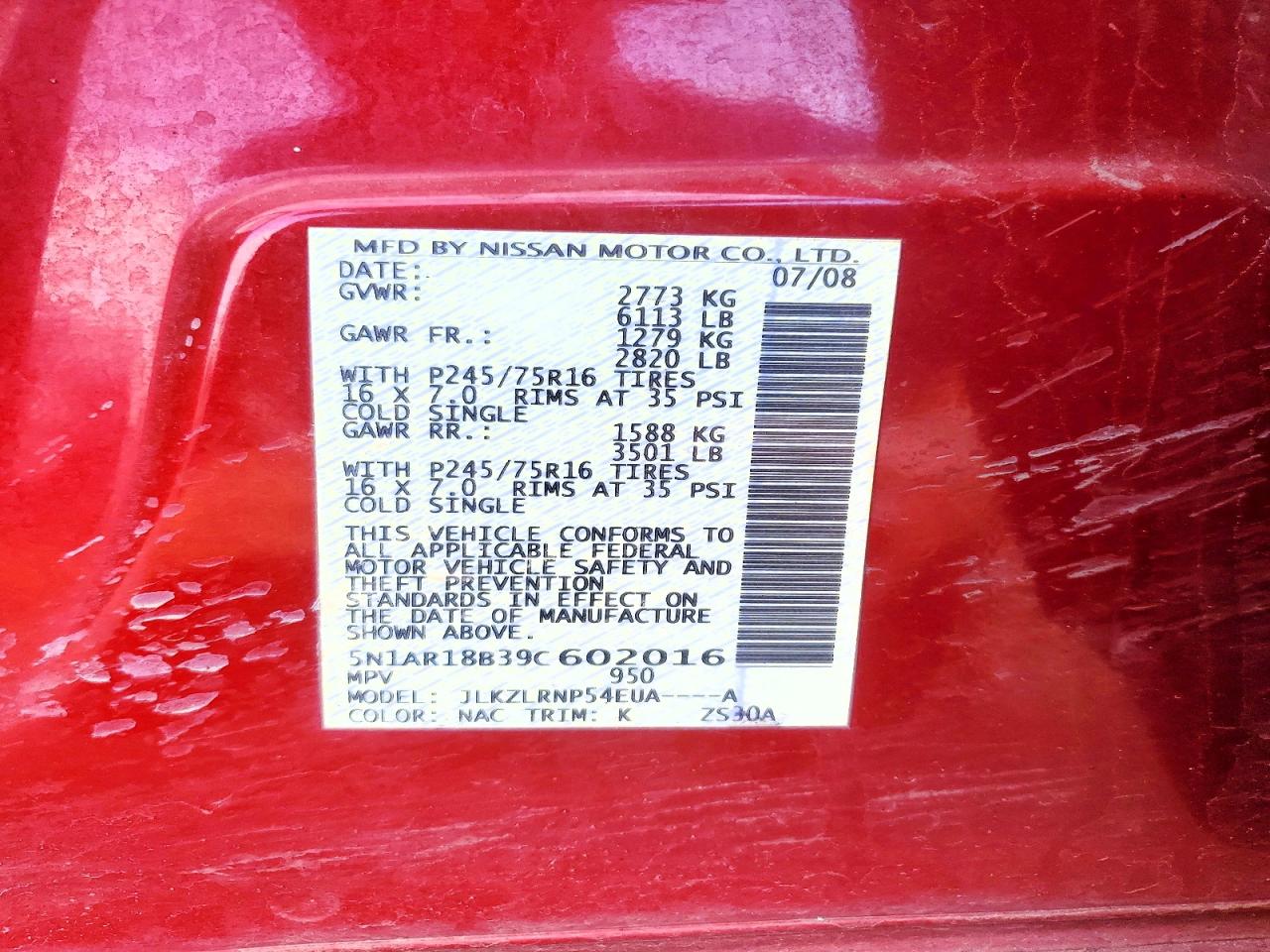 2009 Nissan Pathfinder S Red vin: 5N1AR18B39C602016