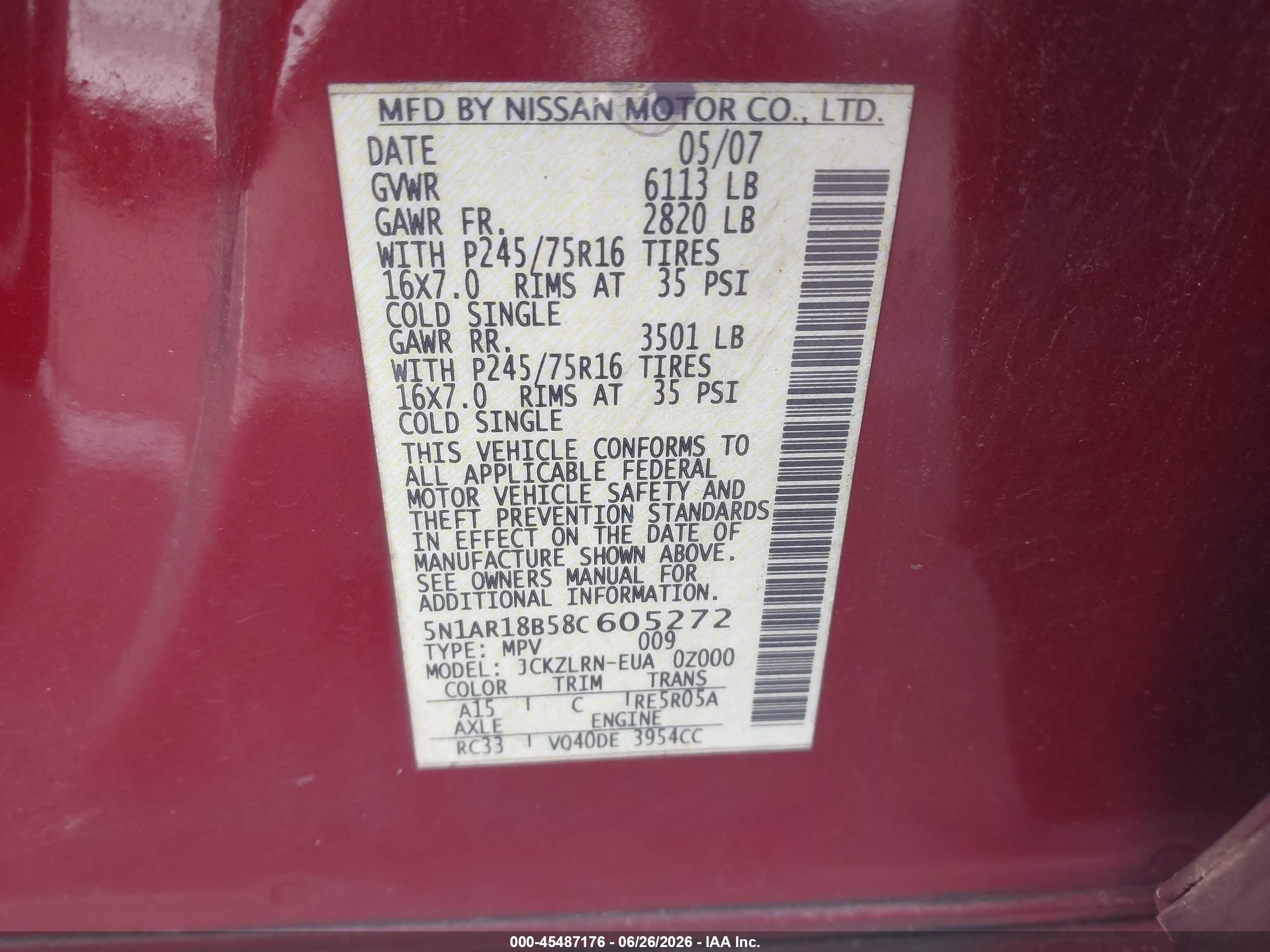 2008 Nissan Pathfinder S Red vin: 5N1AR18B58C605272