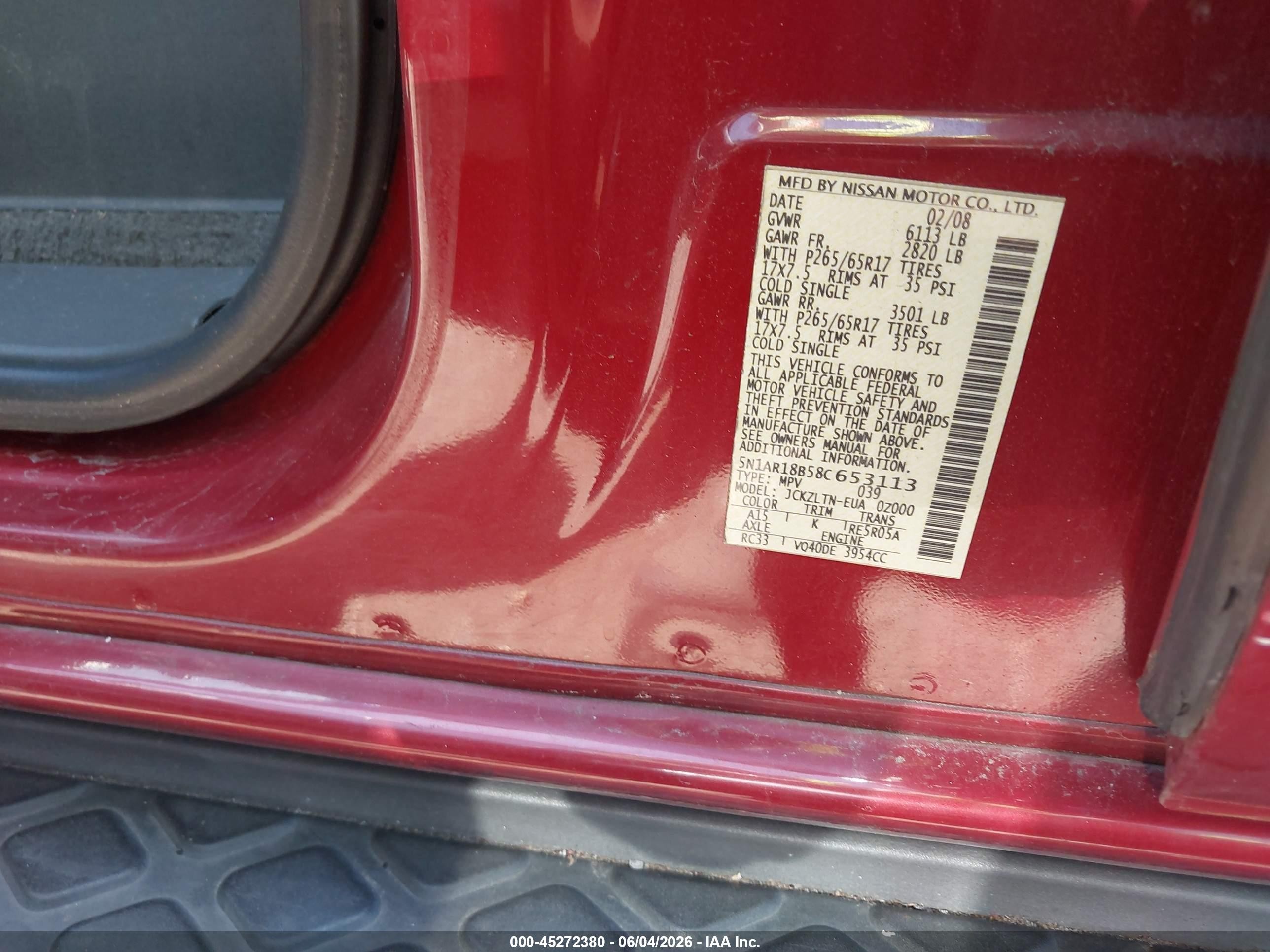 2008 Nissan Pathfinder Se Красный vin: 5N1AR18B58C653113