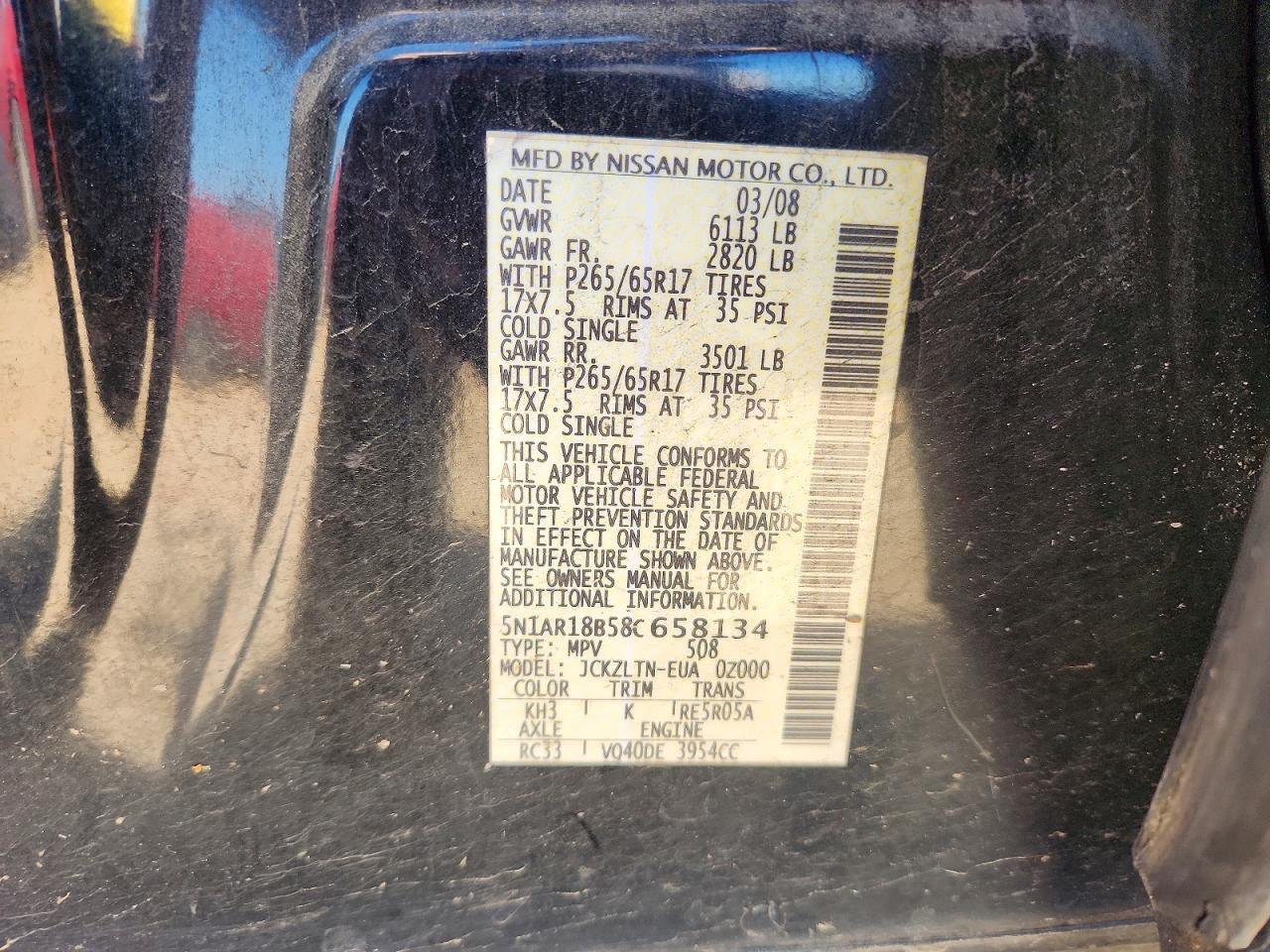 2008 Nissan Pathfinder S Black vin: 5N1AR18B58C658134