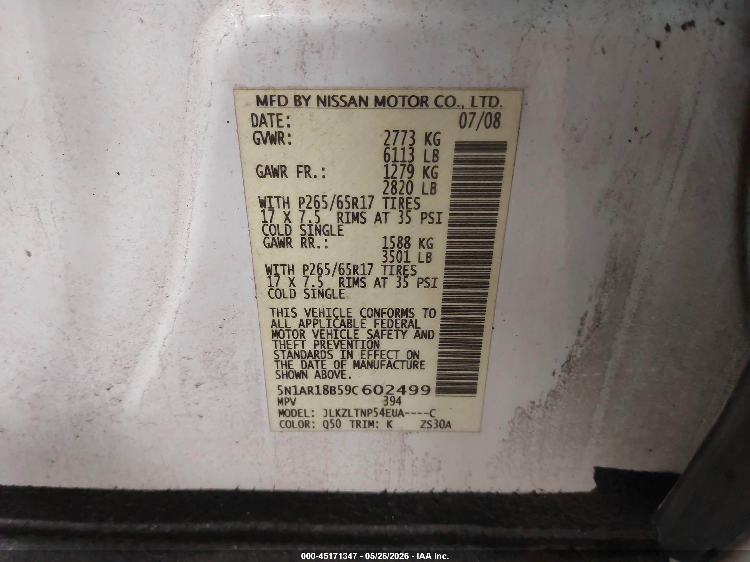 2009 Nissan Pathfinder Se White vin: 5N1AR18B59C602499
