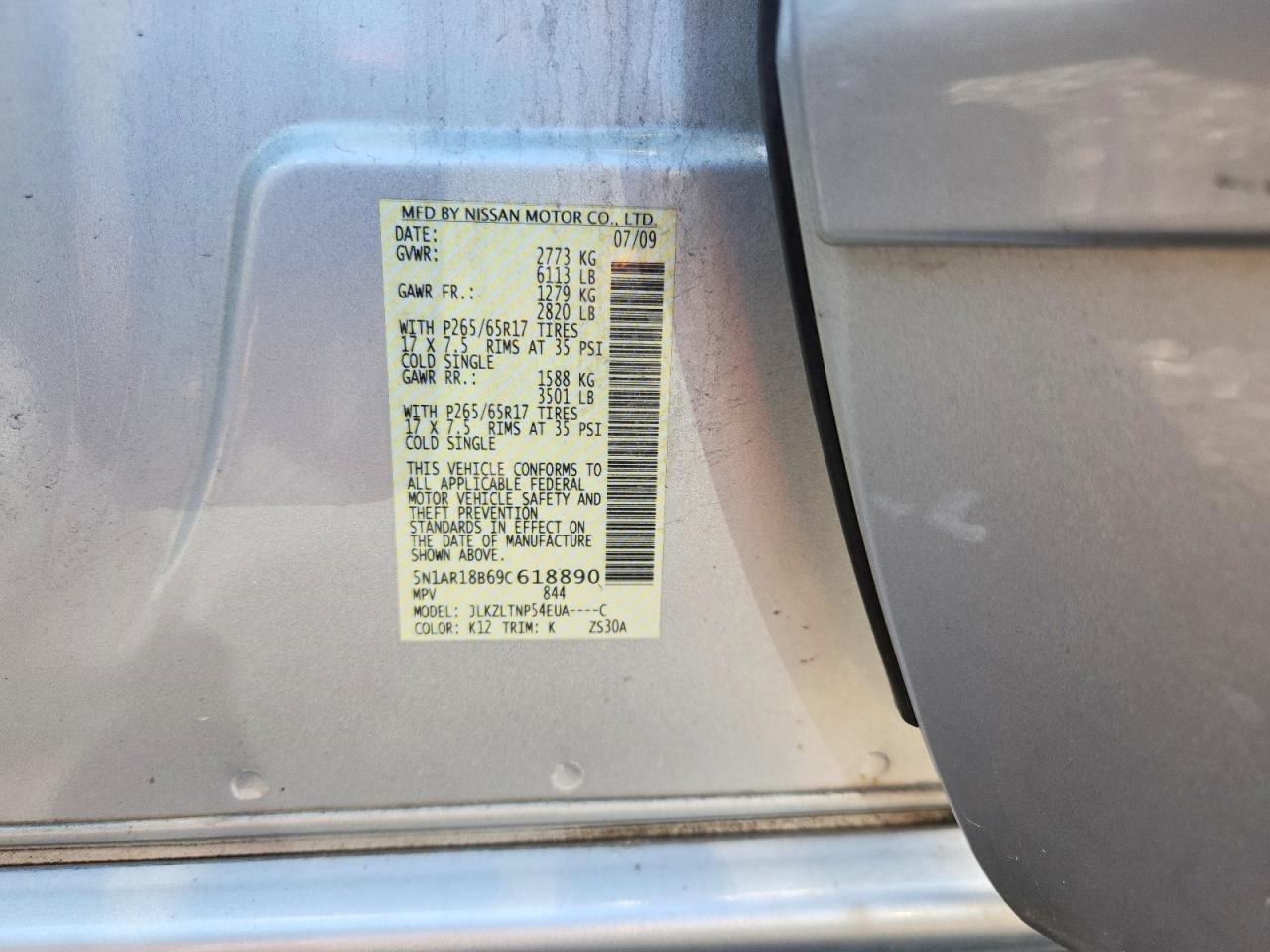 2009 Nissan Pathfinder S Silver vin: 5N1AR18B69C618890