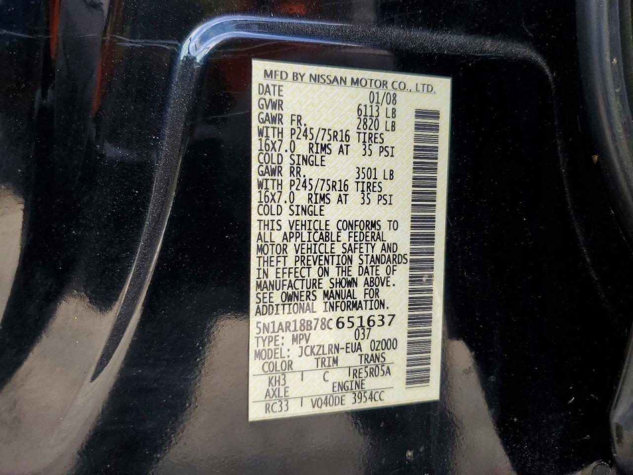 2008 Nissan Pathfinder S/le/se Black vin: 5N1AR18B78C651637