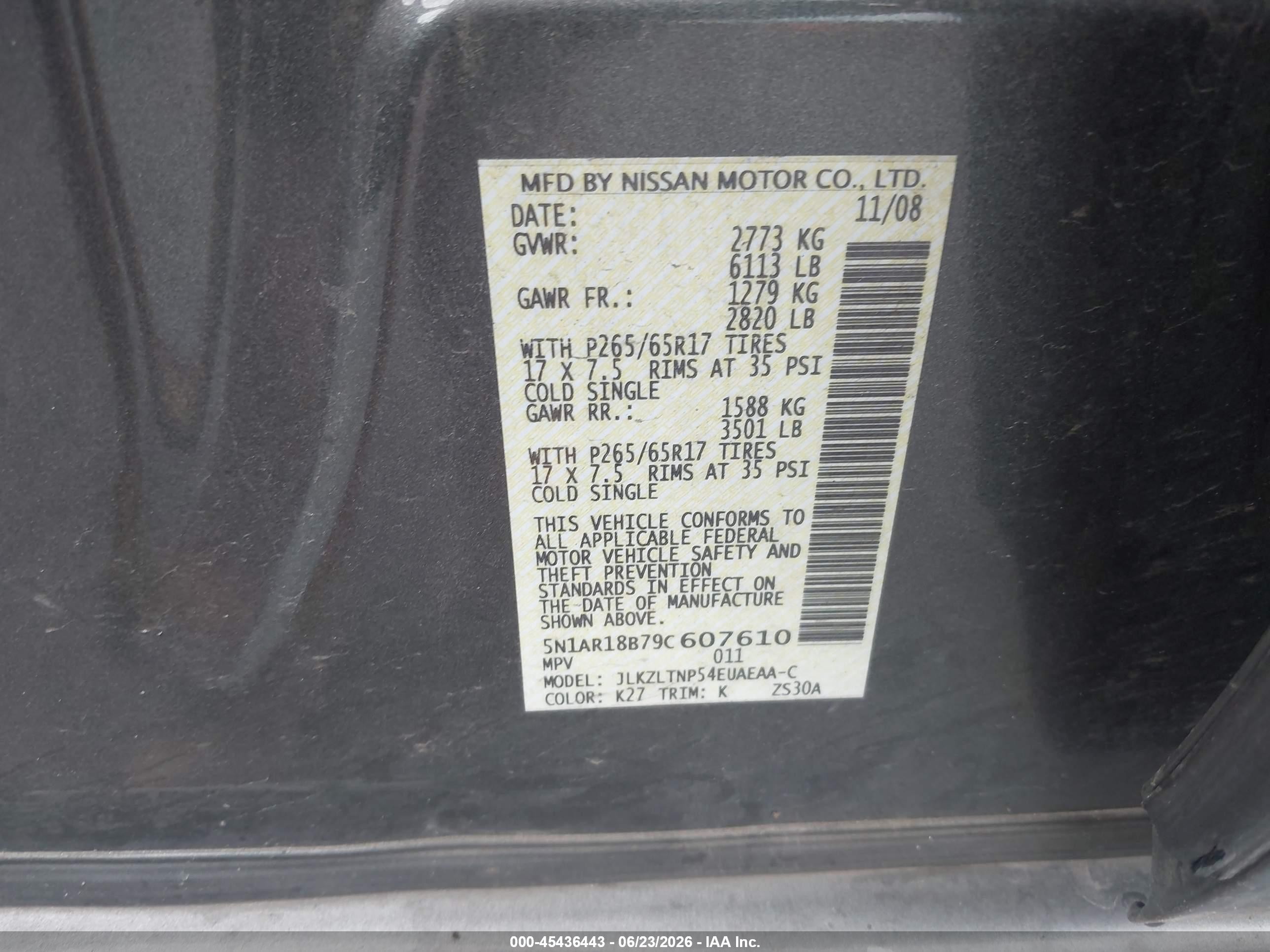 2009 Nissan Pathfinder Se Gray vin: 5N1AR18B79C607610