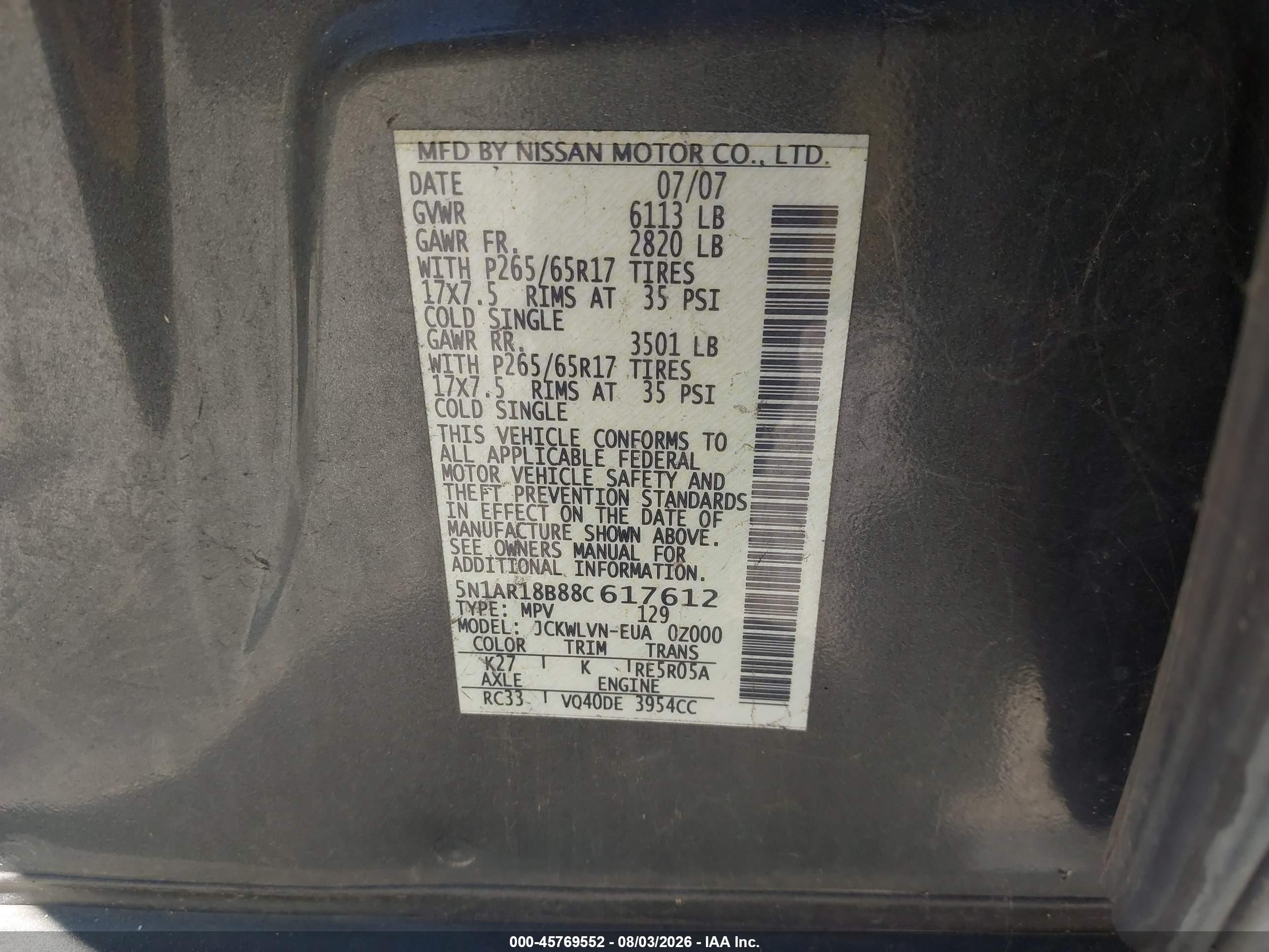 2008 Nissan Pathfinder Le Gray vin: 5N1AR18B88C617612
