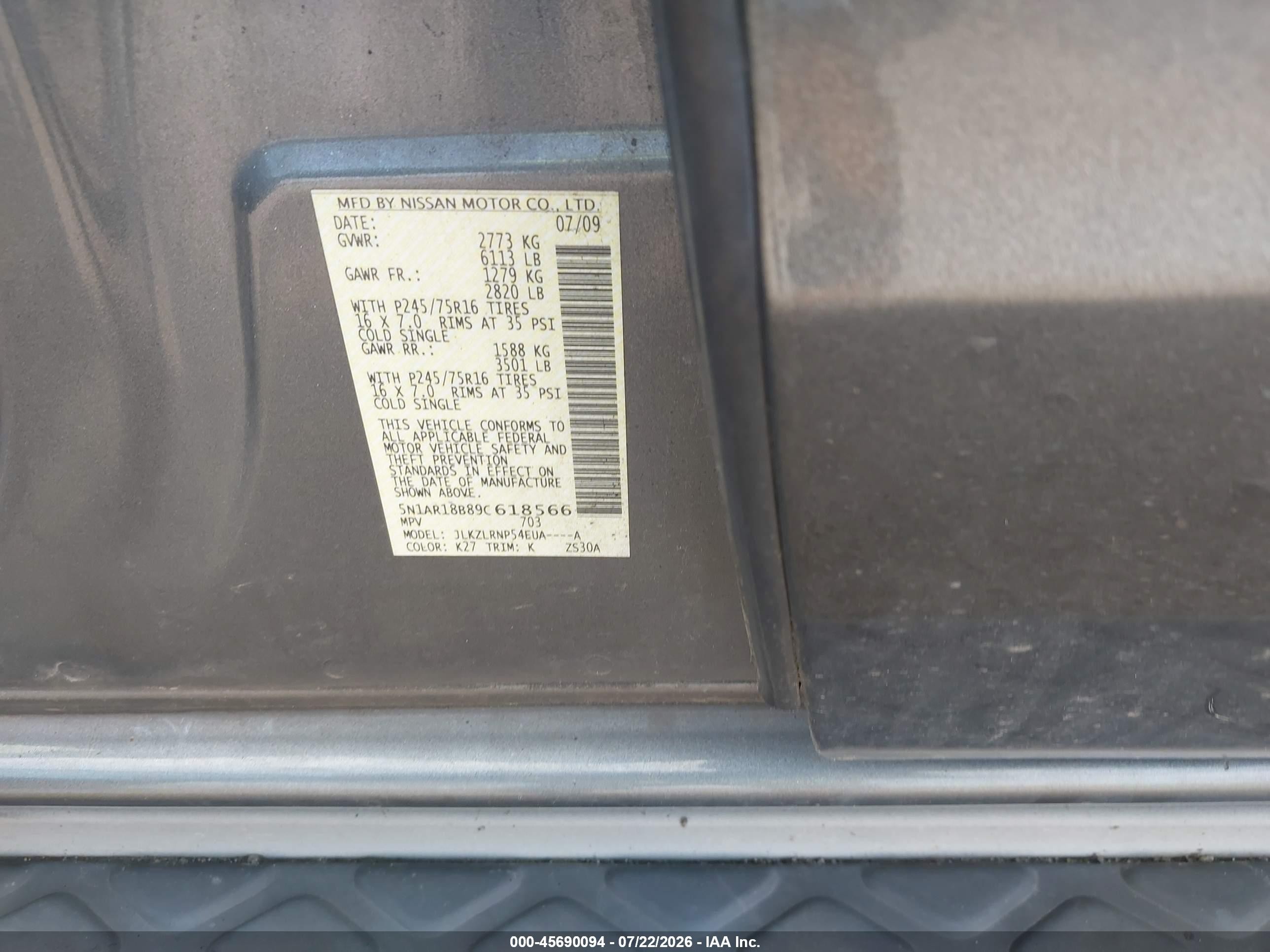 2009 Nissan Pathfinder S Gray vin: 5N1AR18B89C618566