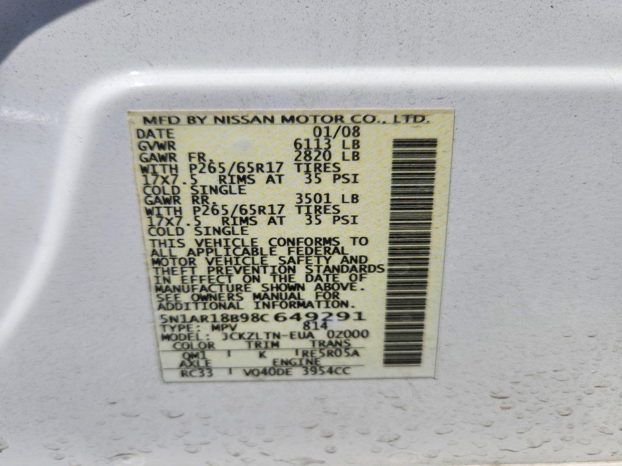 2008 Nissan Pathfinder S White vin: 5N1AR18B98C649291