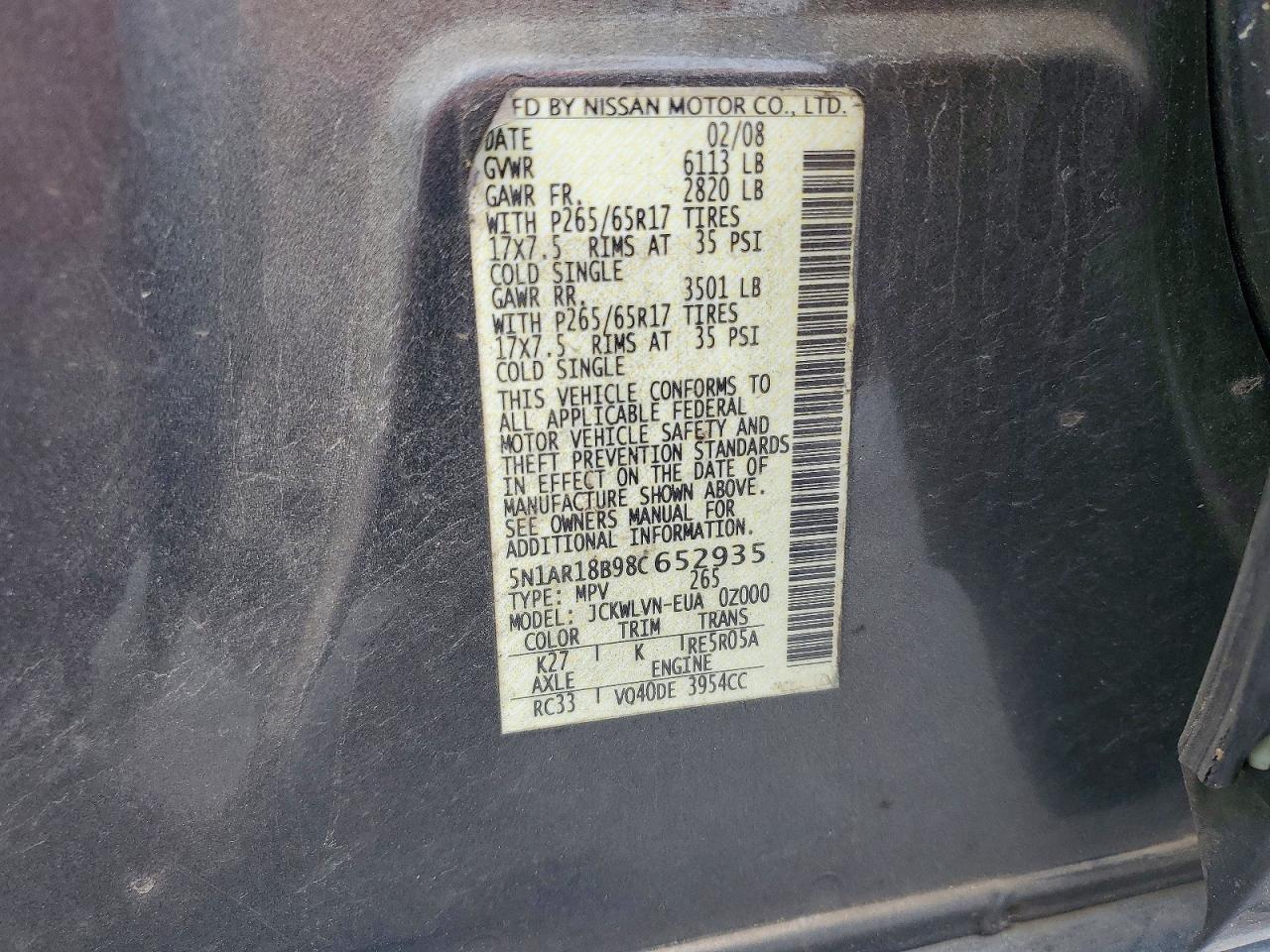 2008 Nissan Pathfinder S Gray vin: 5N1AR18B98C652935