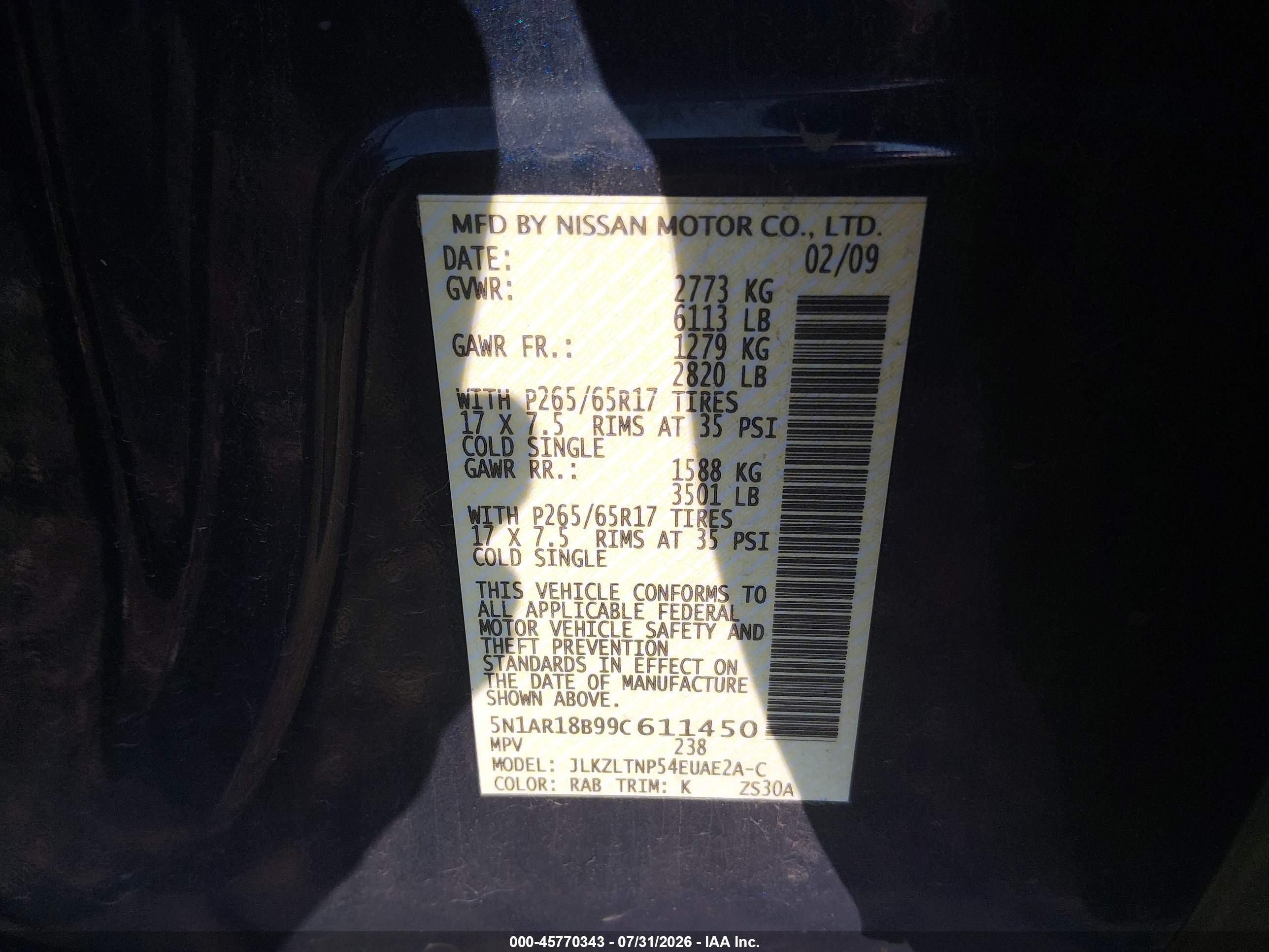 2009 Nissan Pathfinder Se Blue vin: 5N1AR18B99C611450