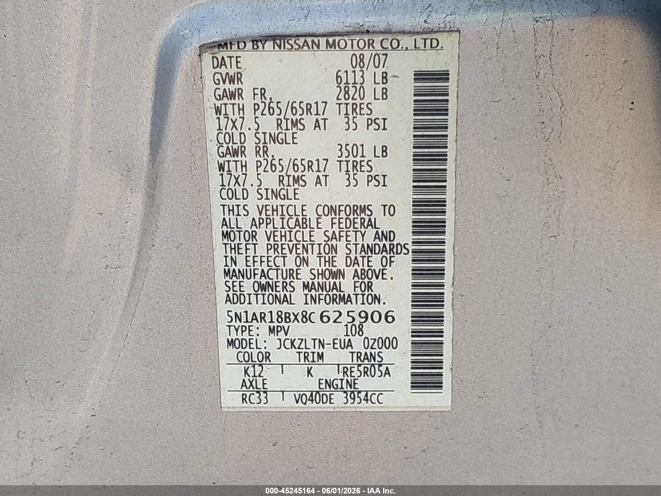 2008 Nissan Pathfinder Se Silver vin: 5N1AR18BX8C625906