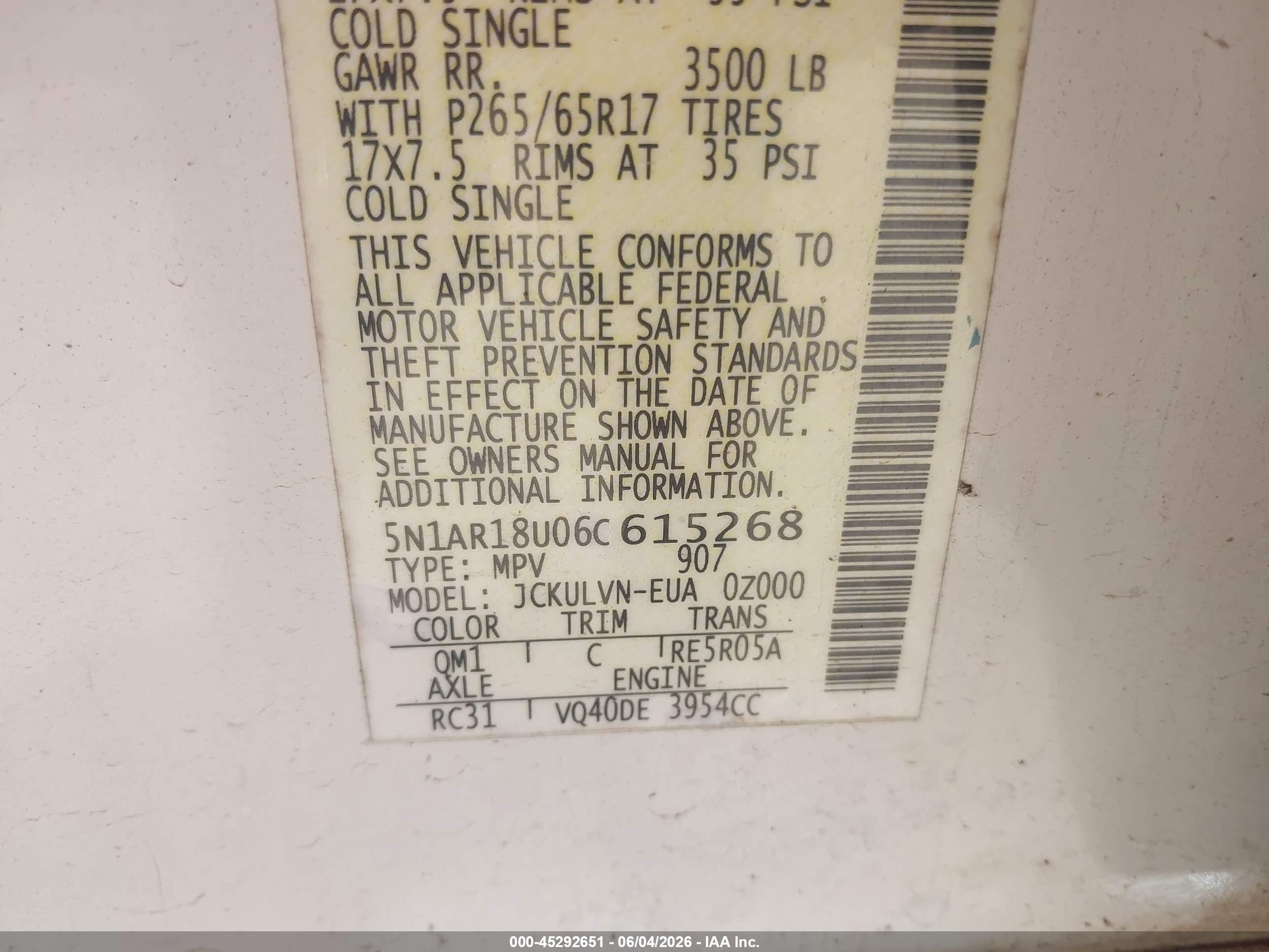 2006 Nissan Pathfinder Le White vin: 5N1AR18U06C615268