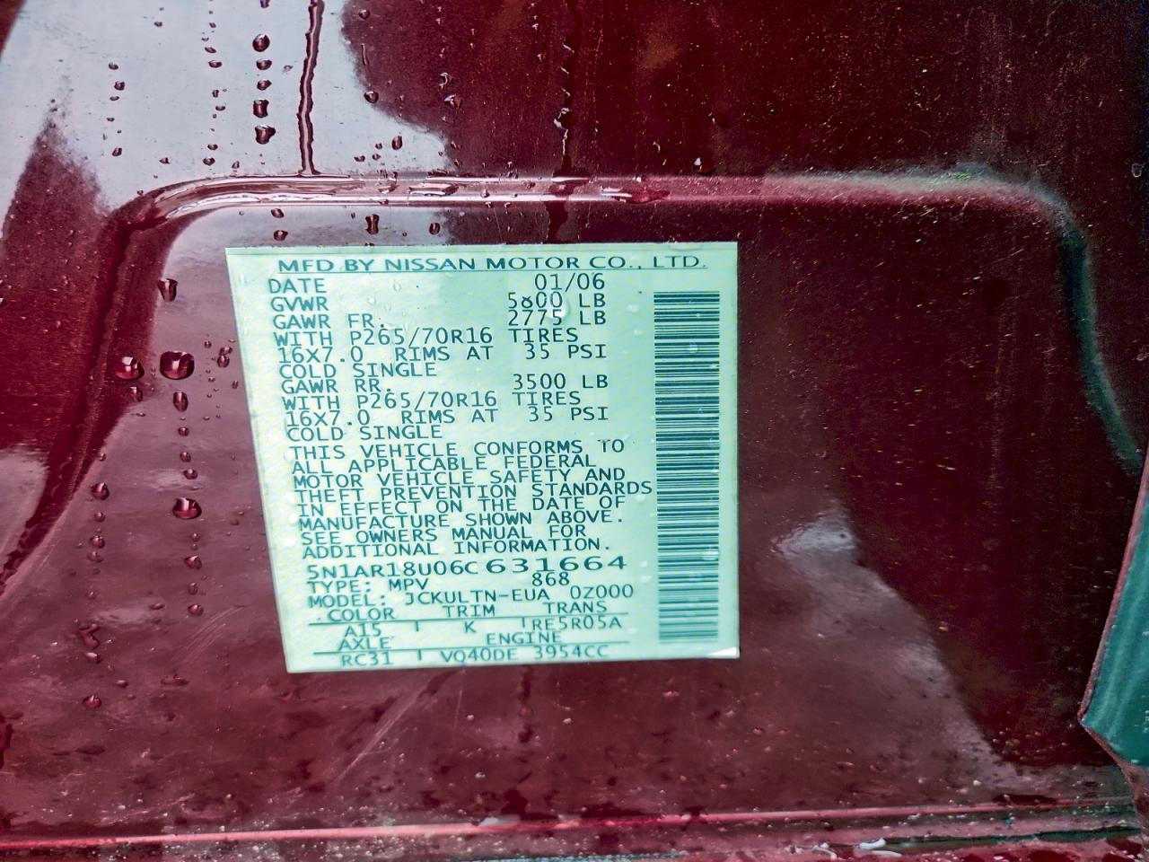 2006 Nissan Pathfinder S Red vin: 5N1AR18U06C631664
