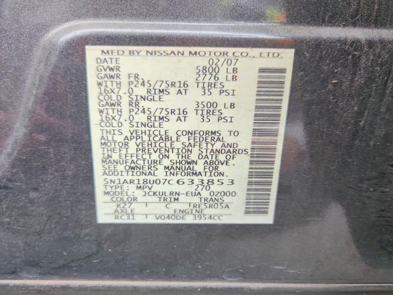 2007 Nissan Pathfinder S Gray vin: 5N1AR18U07C633853