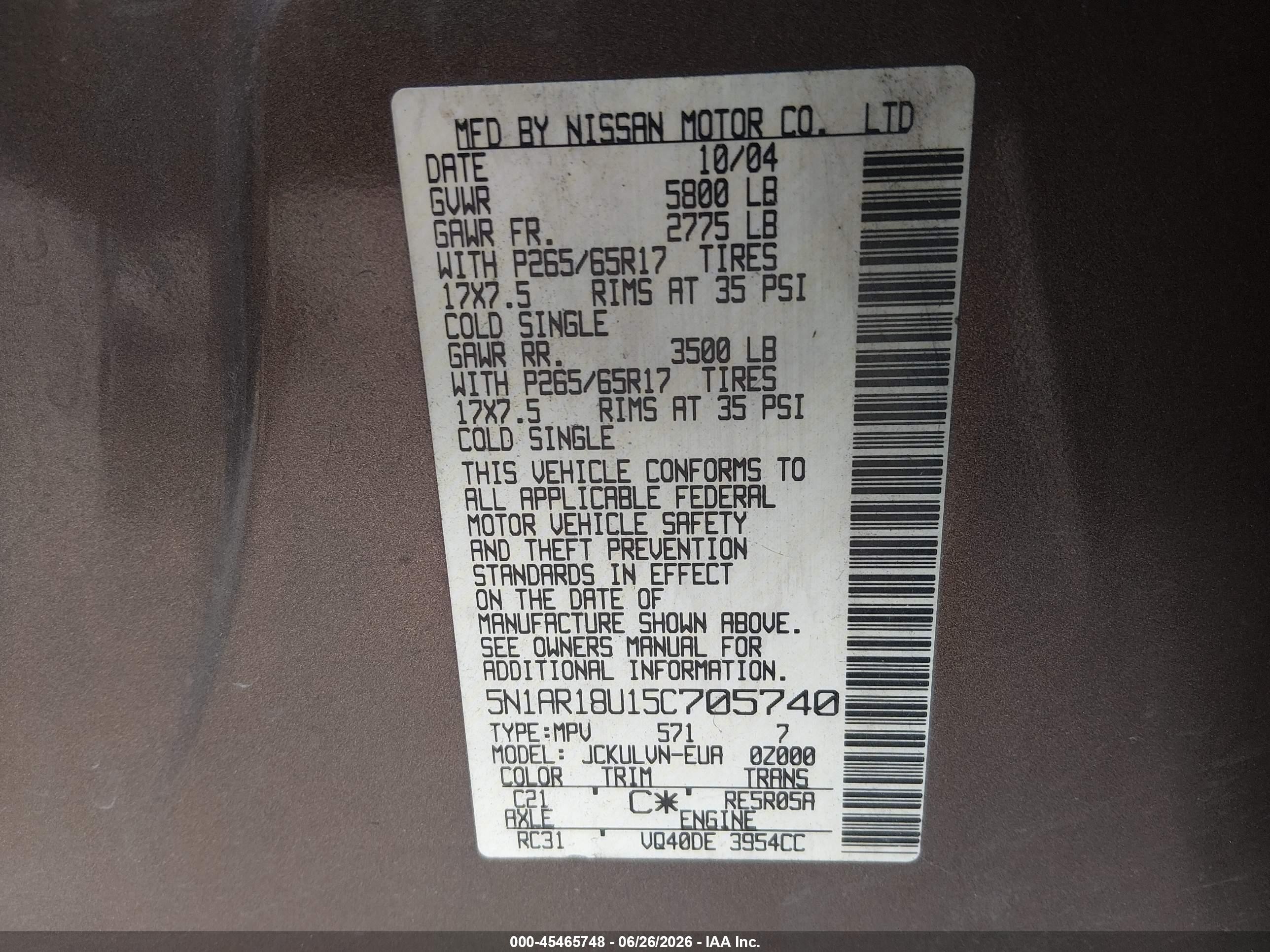 2005 Nissan Pathfinder Le Brown vin: 5N1AR18U15C705740