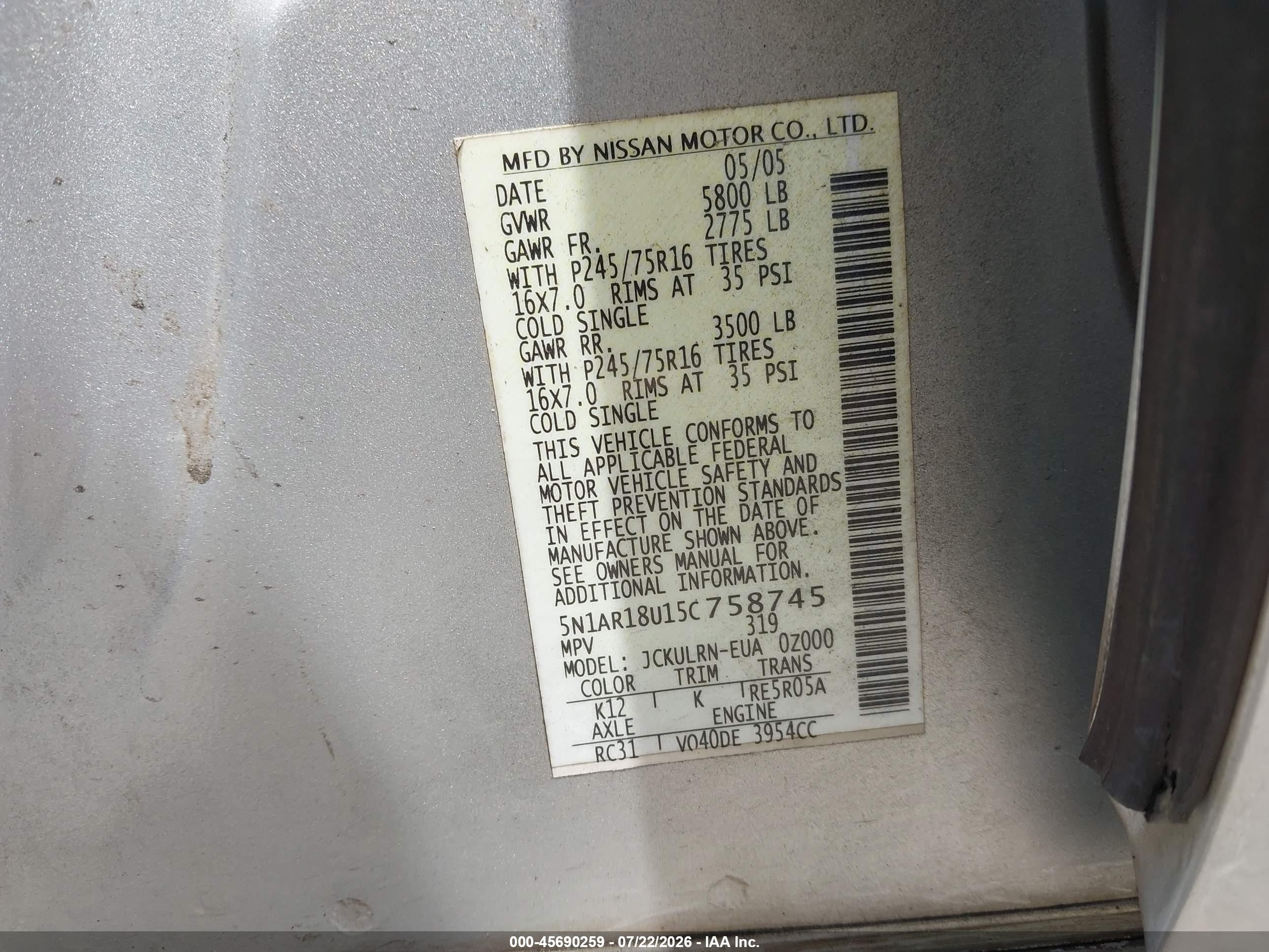 2005 Nissan Pathfinder Xe Silver vin: 5N1AR18U15C758745