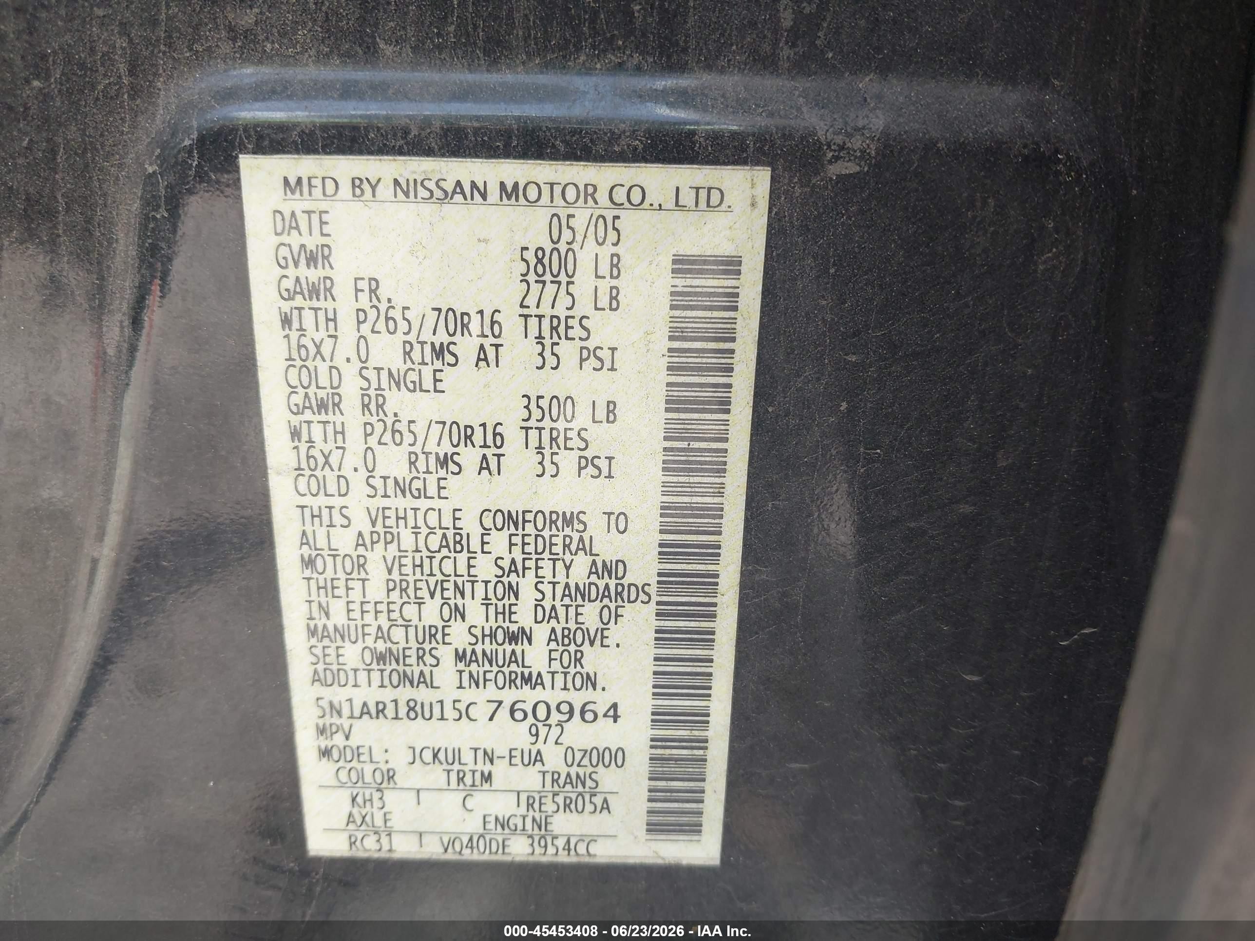 2005 Nissan Pathfinder Se Black vin: 5N1AR18U15C760964