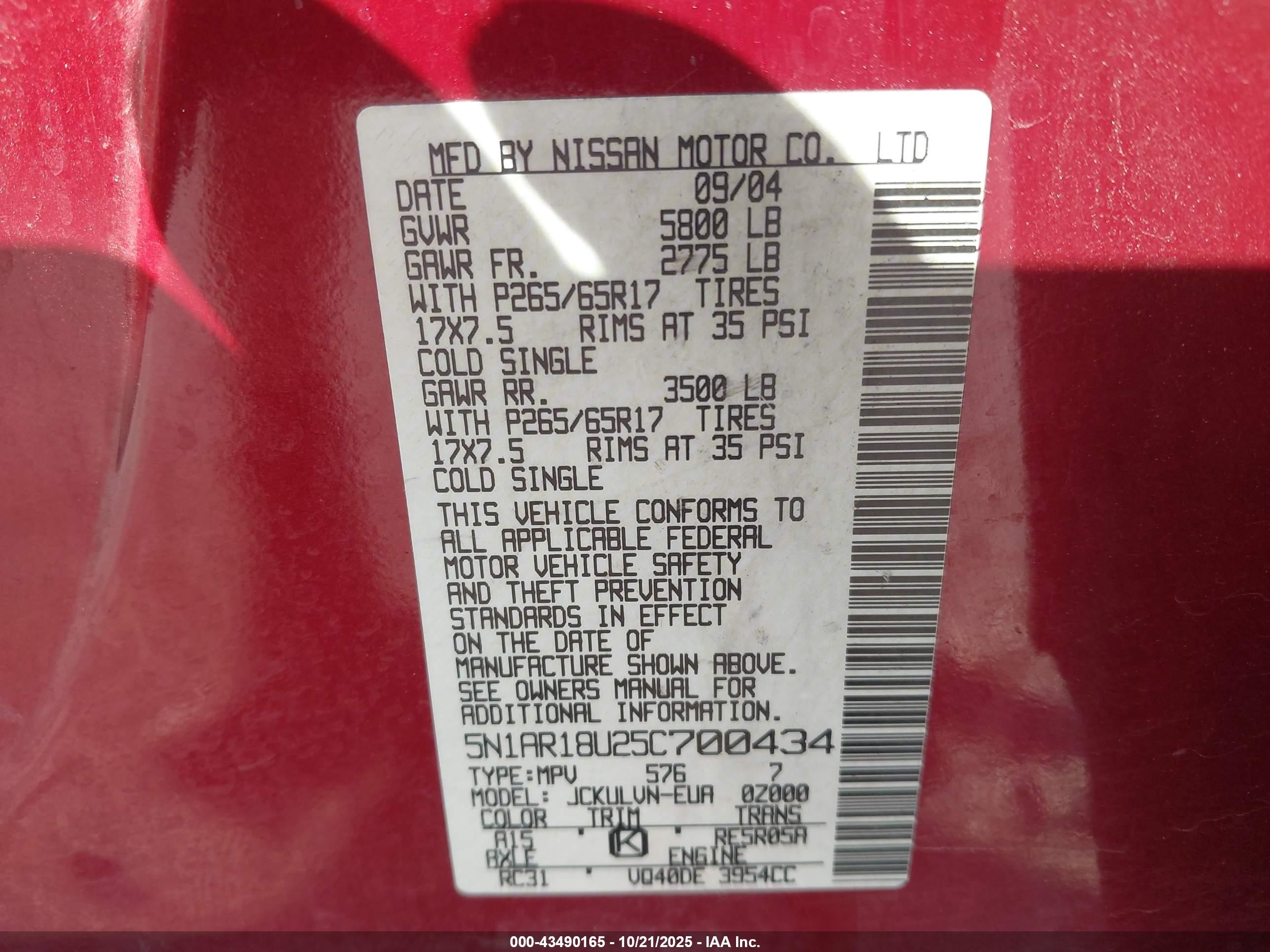 2005 Nissan Pathfinder Le Red vin: 5N1AR18U25C700434