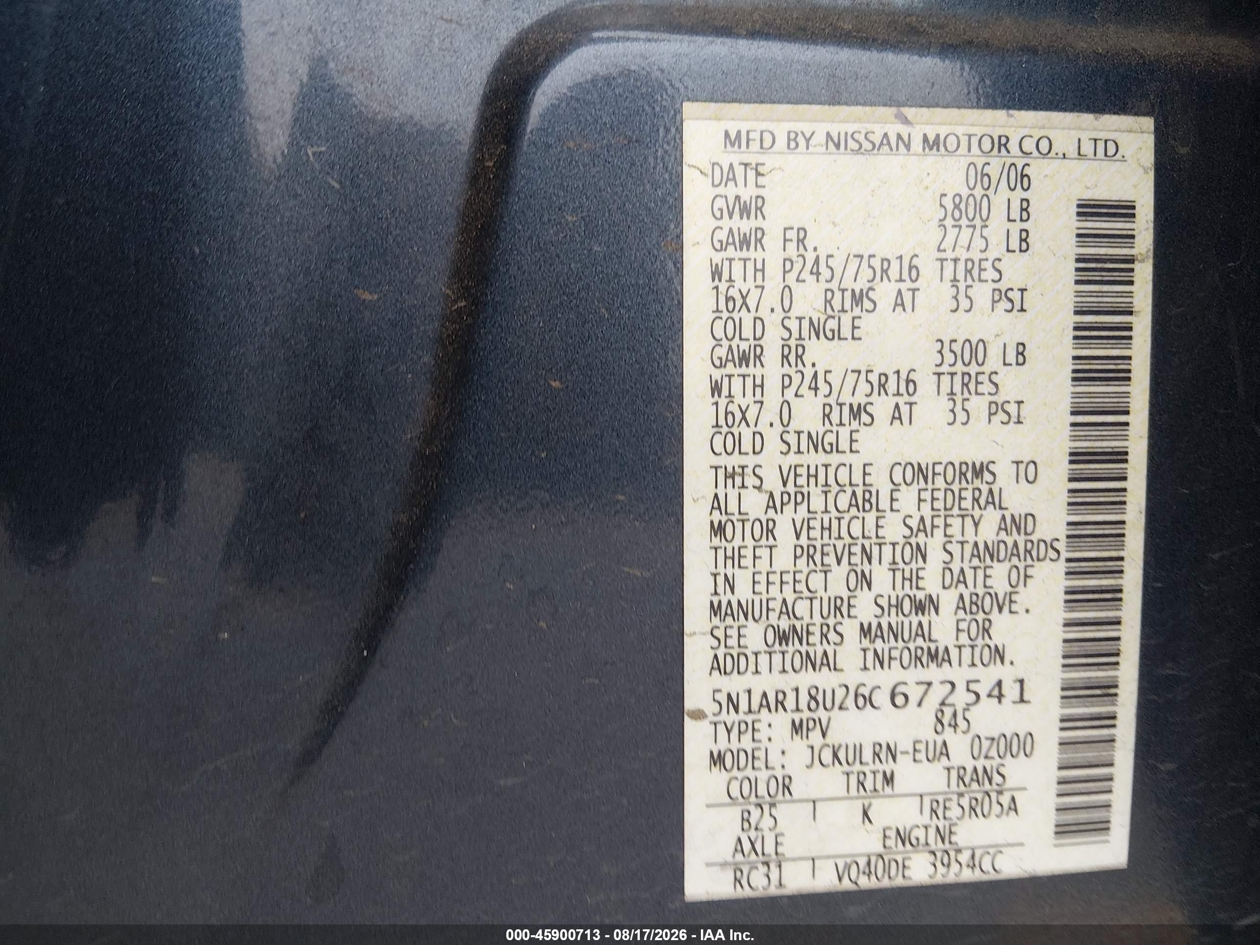 2006 Nissan Pathfinder S Blue vin: 5N1AR18U26C672541