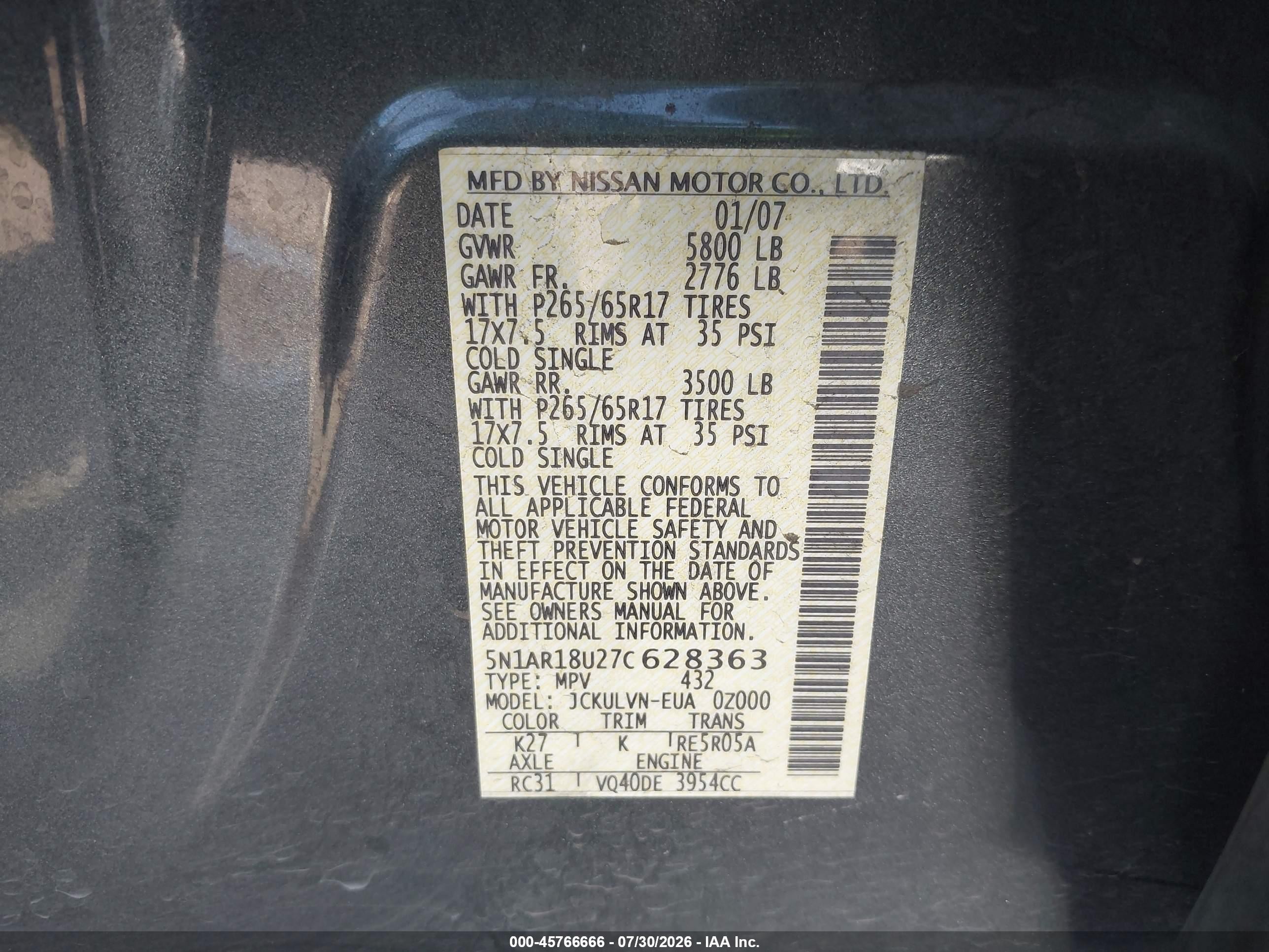 2007 Nissan Pathfinder Le Gray vin: 5N1AR18U27C628363