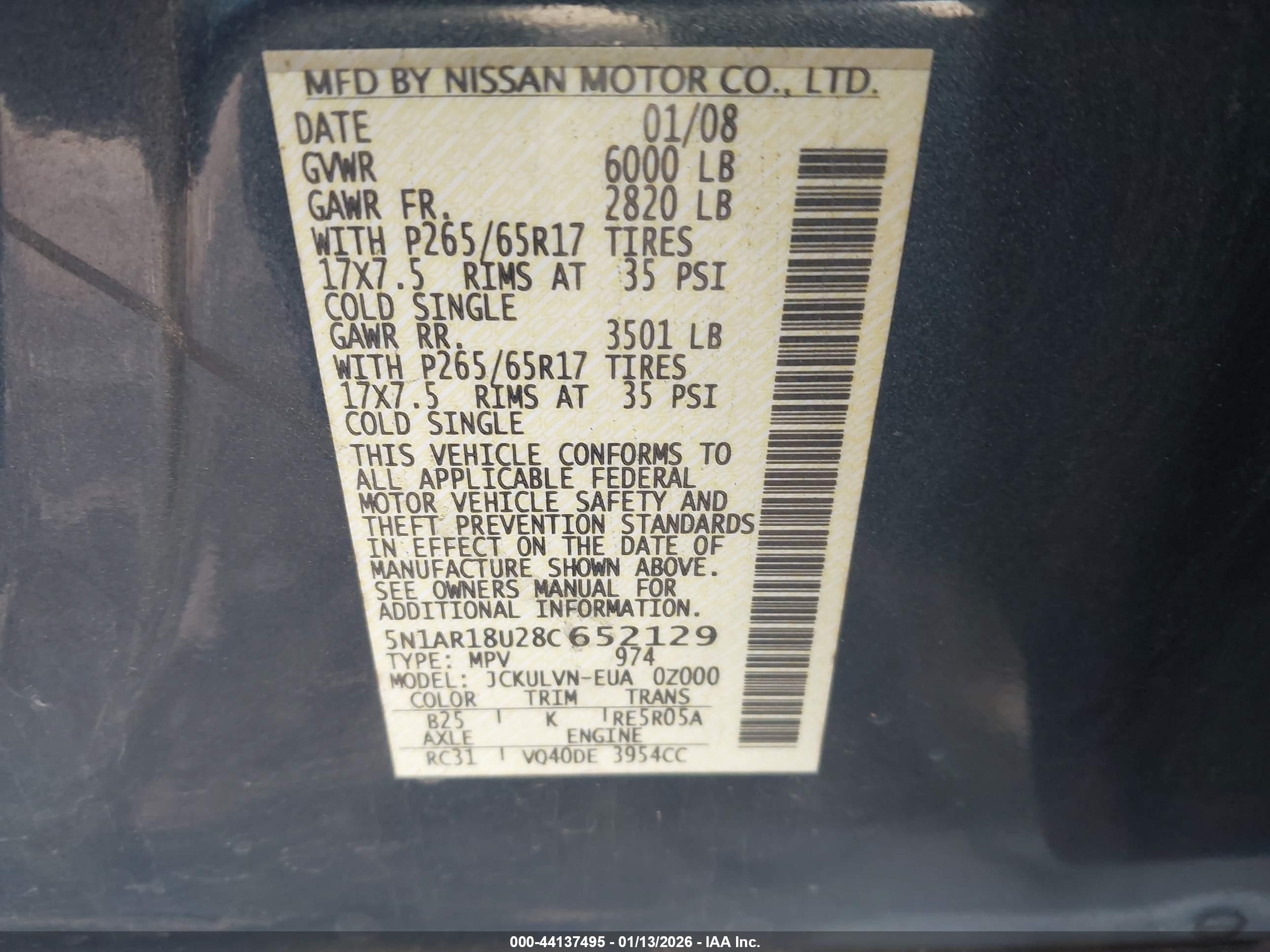 2008 Nissan Pathfinder Le Blue vin: 5N1AR18U28C652129