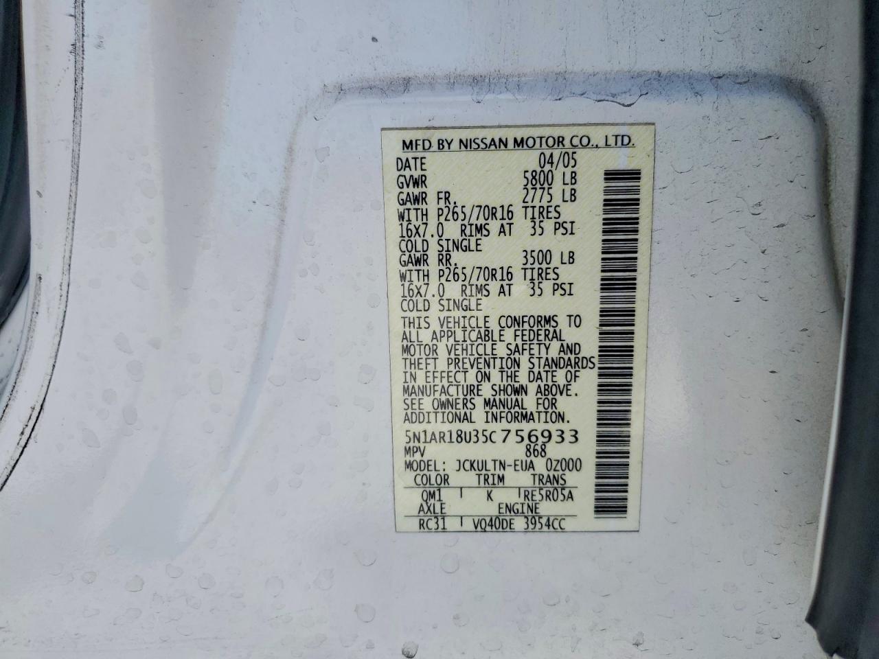 2005 Nissan Pathfinder Xe White vin: 5N1AR18U35C756933