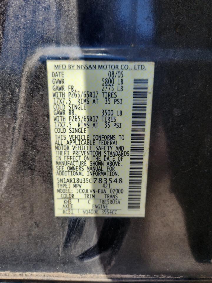 2005 Nissan Pathfinder Xe Black vin: 5N1AR18U35C783548