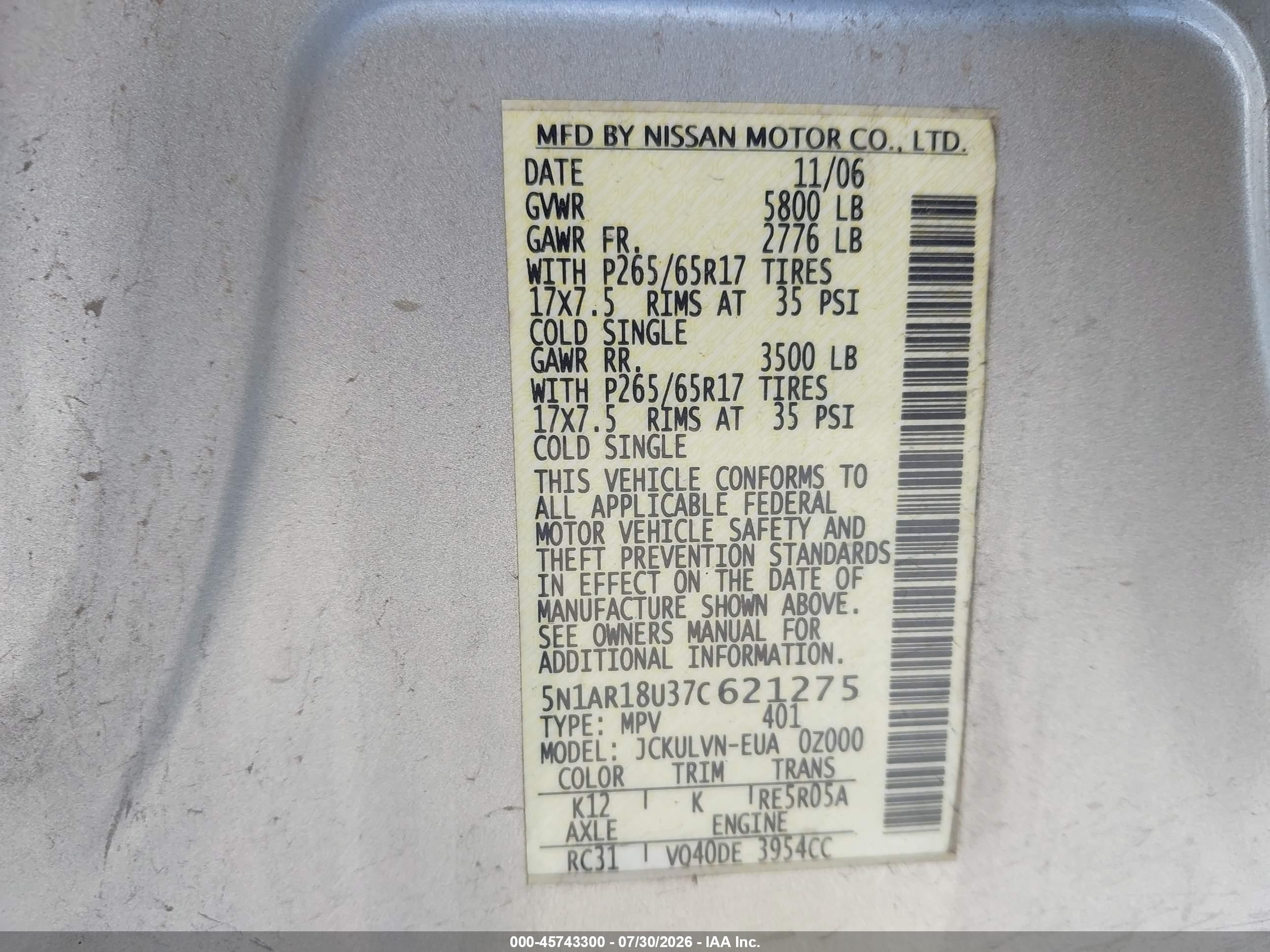 2007 Nissan Pathfinder Le Silver vin: 5N1AR18U37C621275