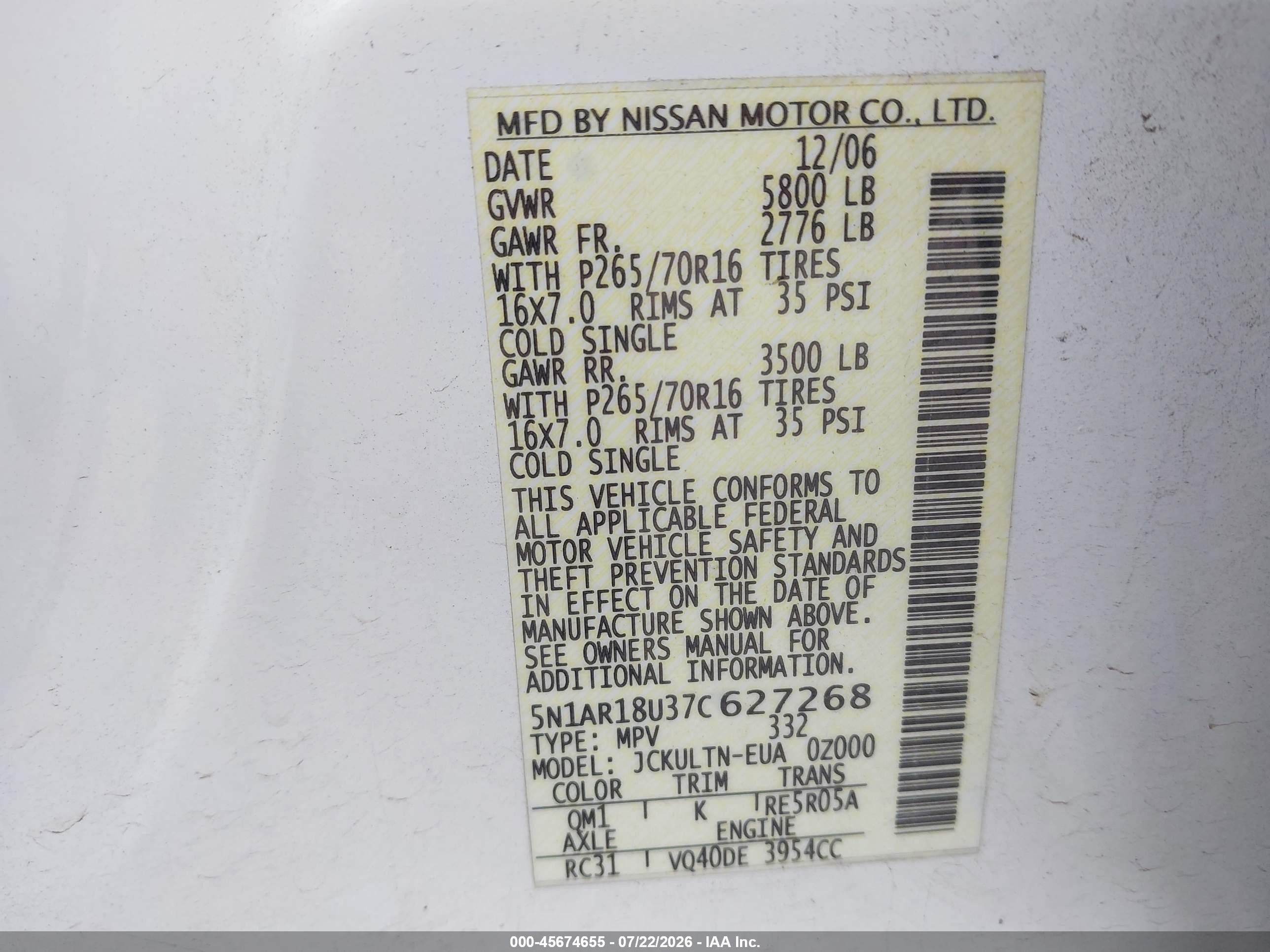 2007 Nissan Pathfinder Se White vin: 5N1AR18U37C627268