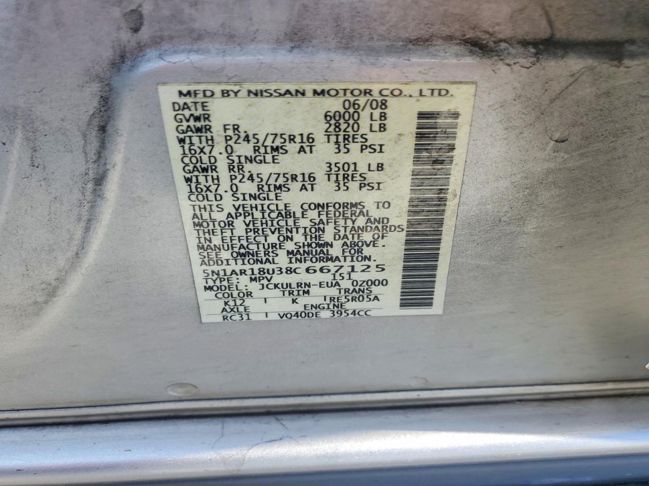 2008 Nissan Pathfinder S Silver vin: 5N1AR18U38C667125