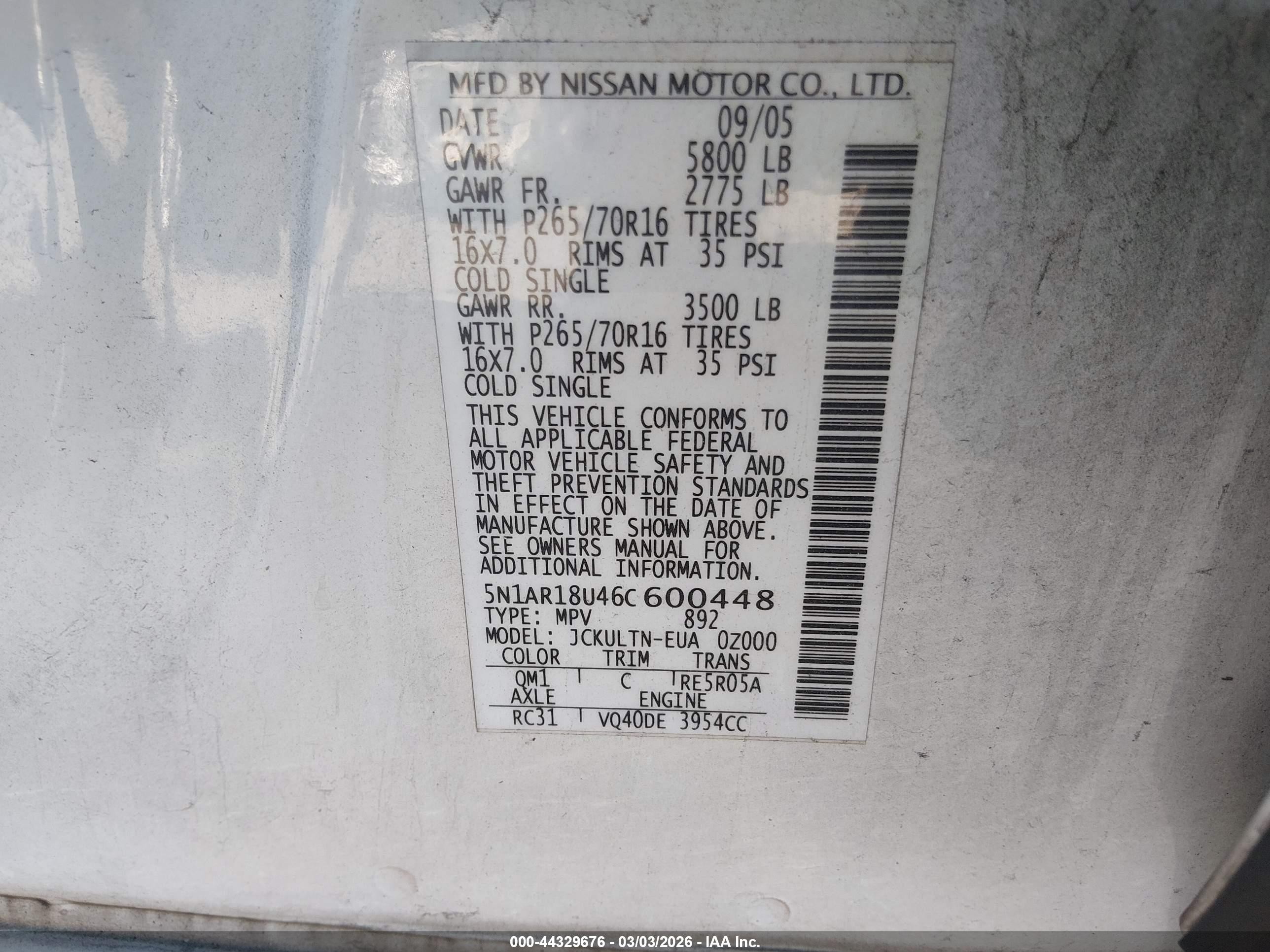2006 Nissan Pathfinder Se White vin: 5N1AR18U46C600448