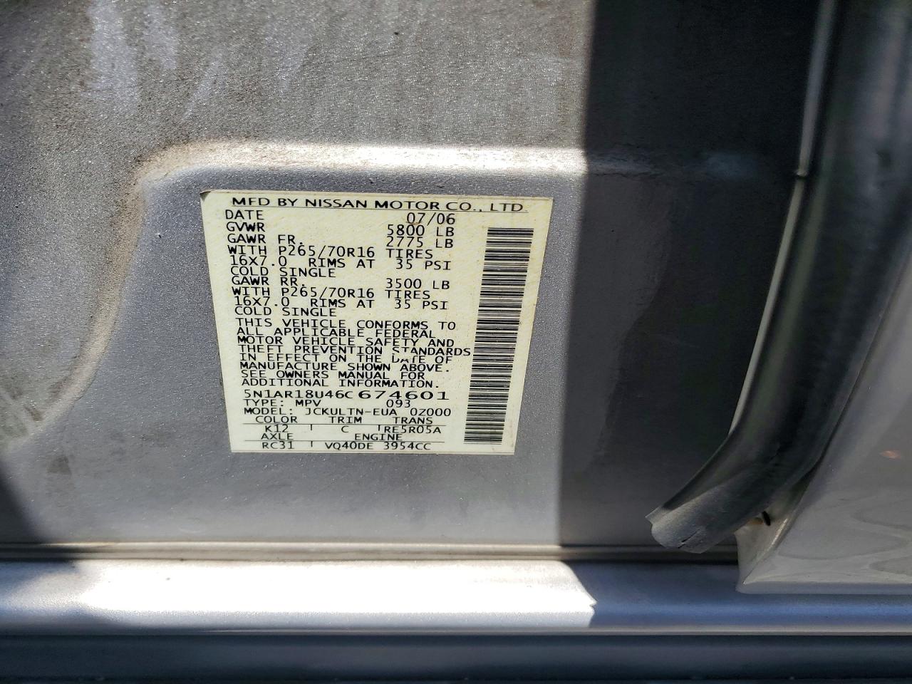 2006 Nissan Pathfinder S Silver vin: 5N1AR18U46C674601