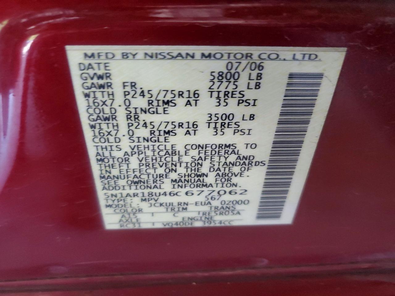 2006 Nissan Pathfinder S Burgundy vin: 5N1AR18U46C677062