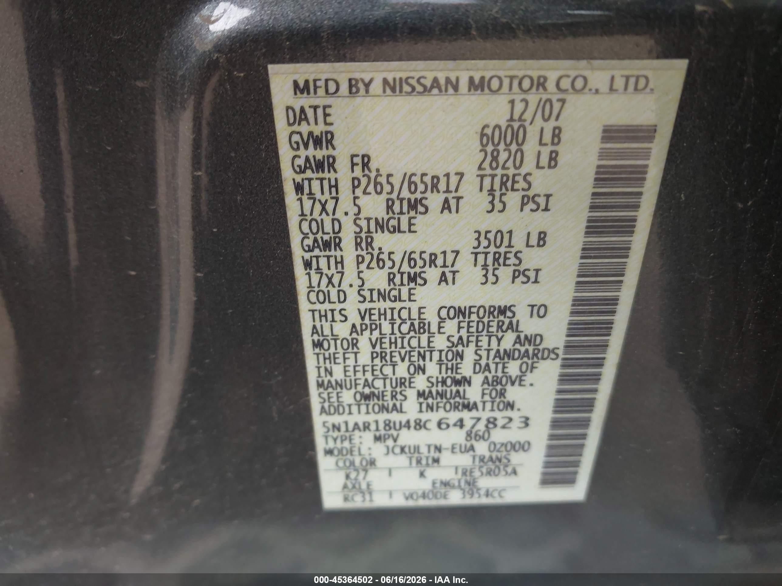 2008 Nissan Pathfinder Se Gray vin: 5N1AR18U48C647823