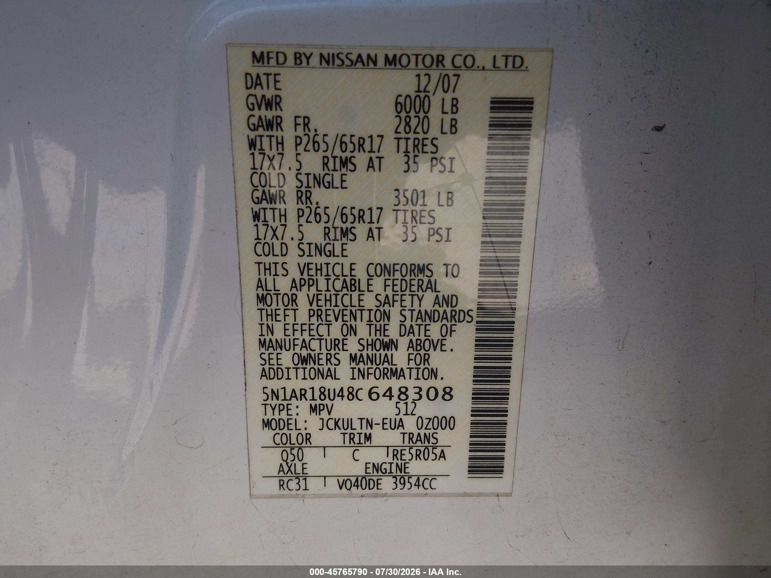 2008 Nissan Pathfinder Se White vin: 5N1AR18U48C648308