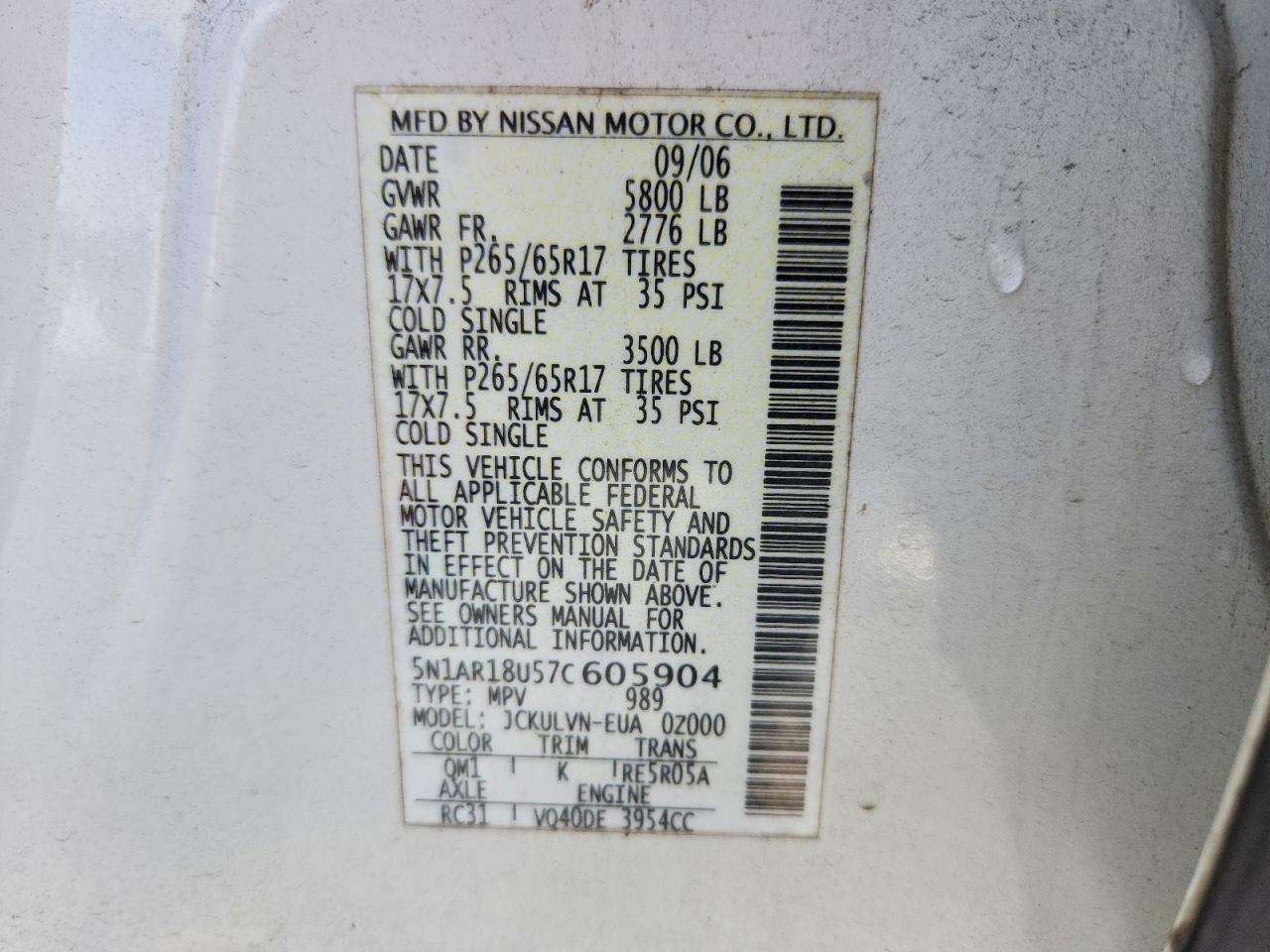 2007 Nissan Pathfinder S White vin: 5N1AR18U57C605904
