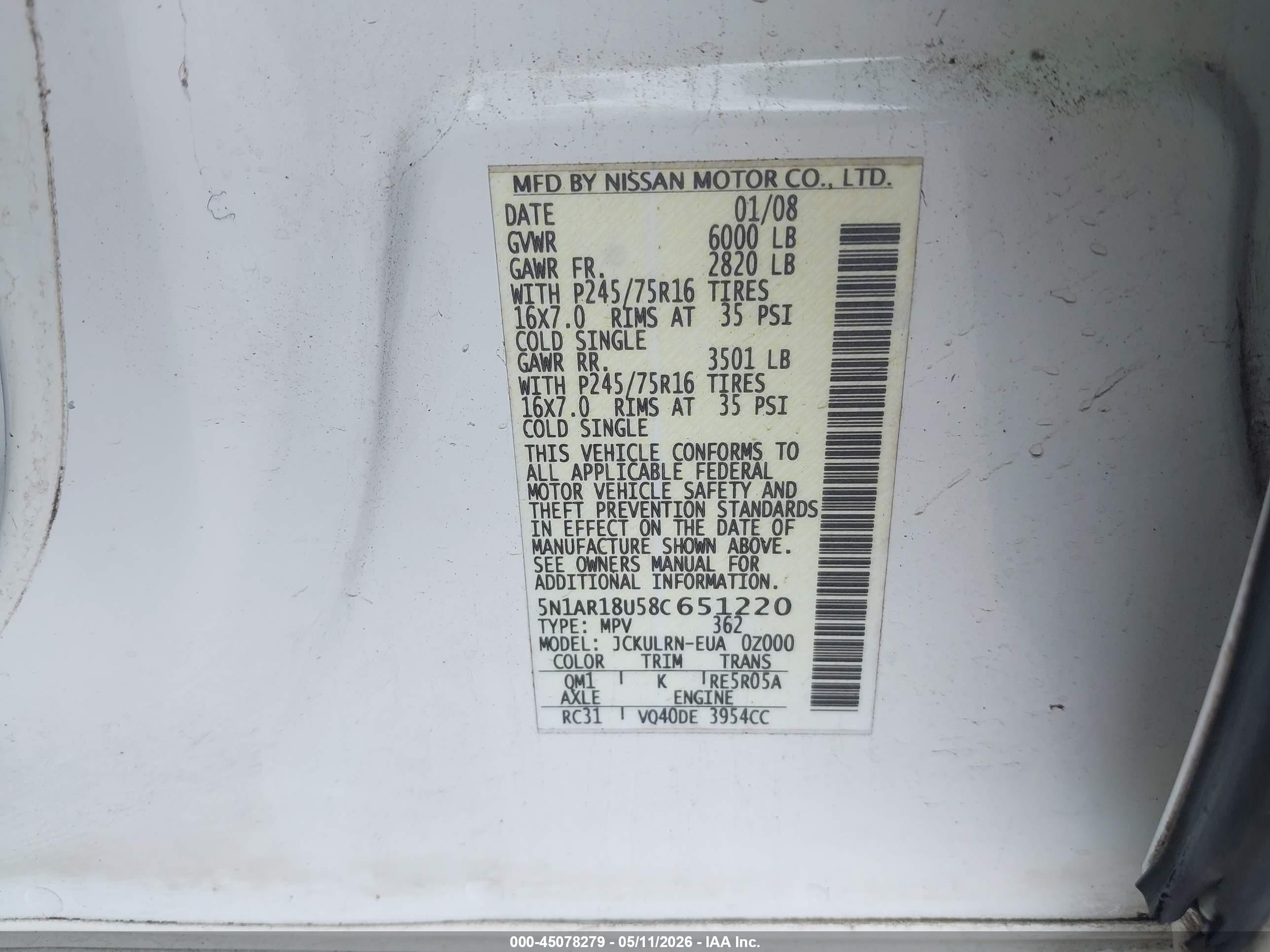 2008 Nissan Pathfinder S White vin: 5N1AR18U58C651220