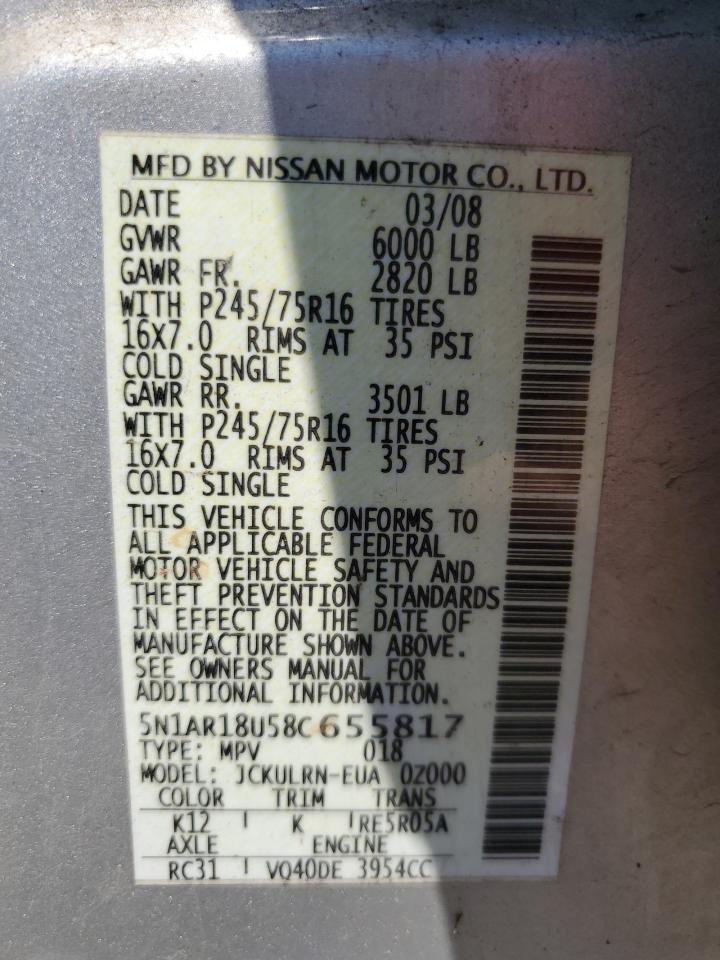 2008 Niss Pathfinder S Silver vin: 5N1AR18U58C655817
