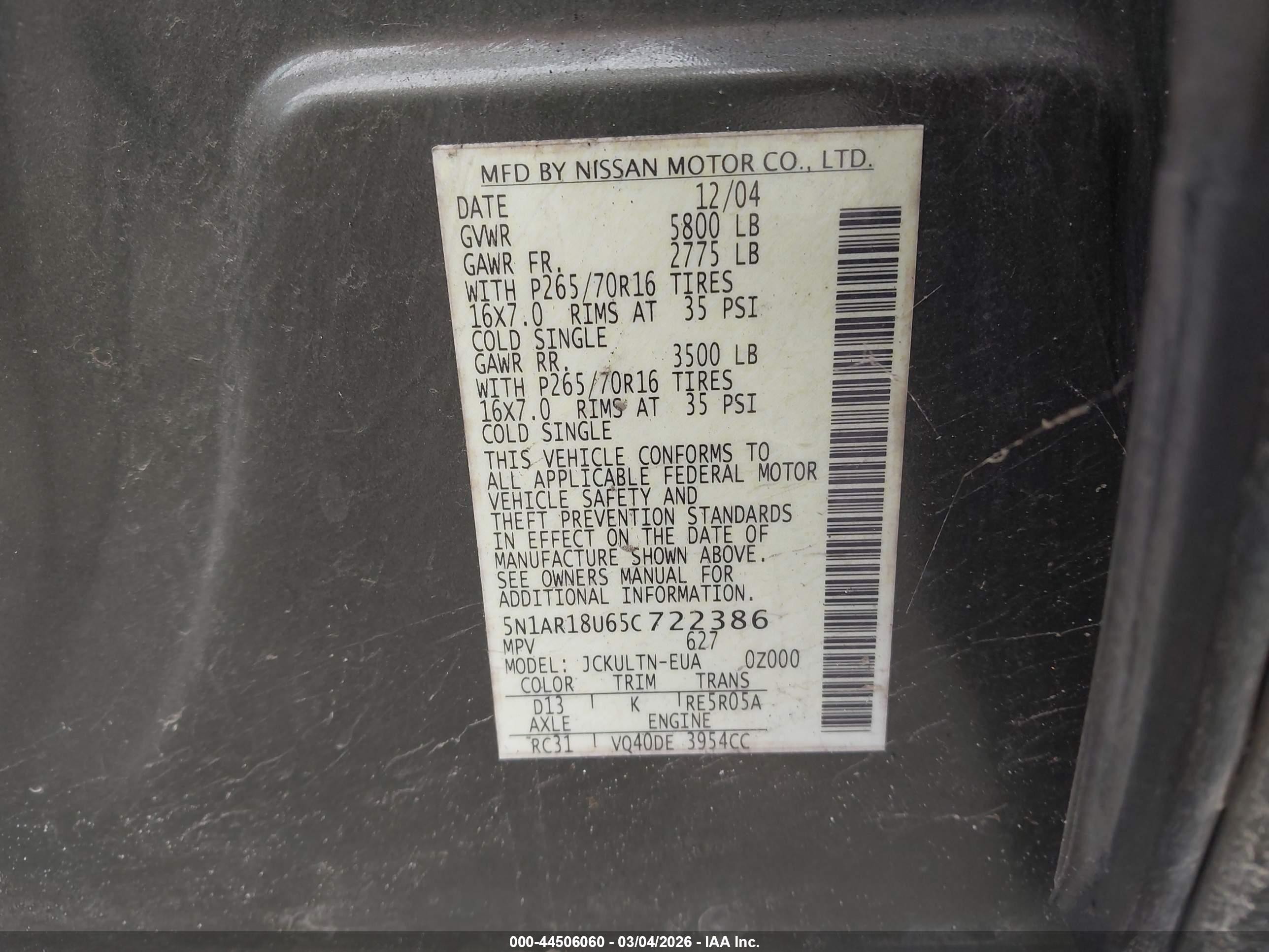 2005 Nissan Pathfinder Se Green vin: 5N1AR18U65C722386