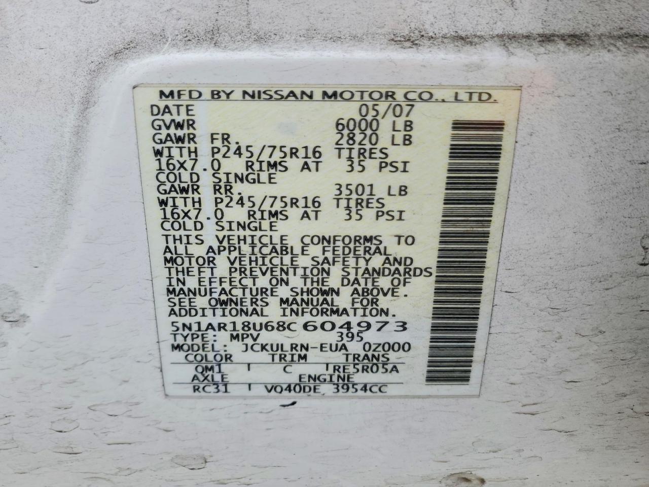 2008 Nissan Pathfinder S White vin: 5N1AR18U68C604973