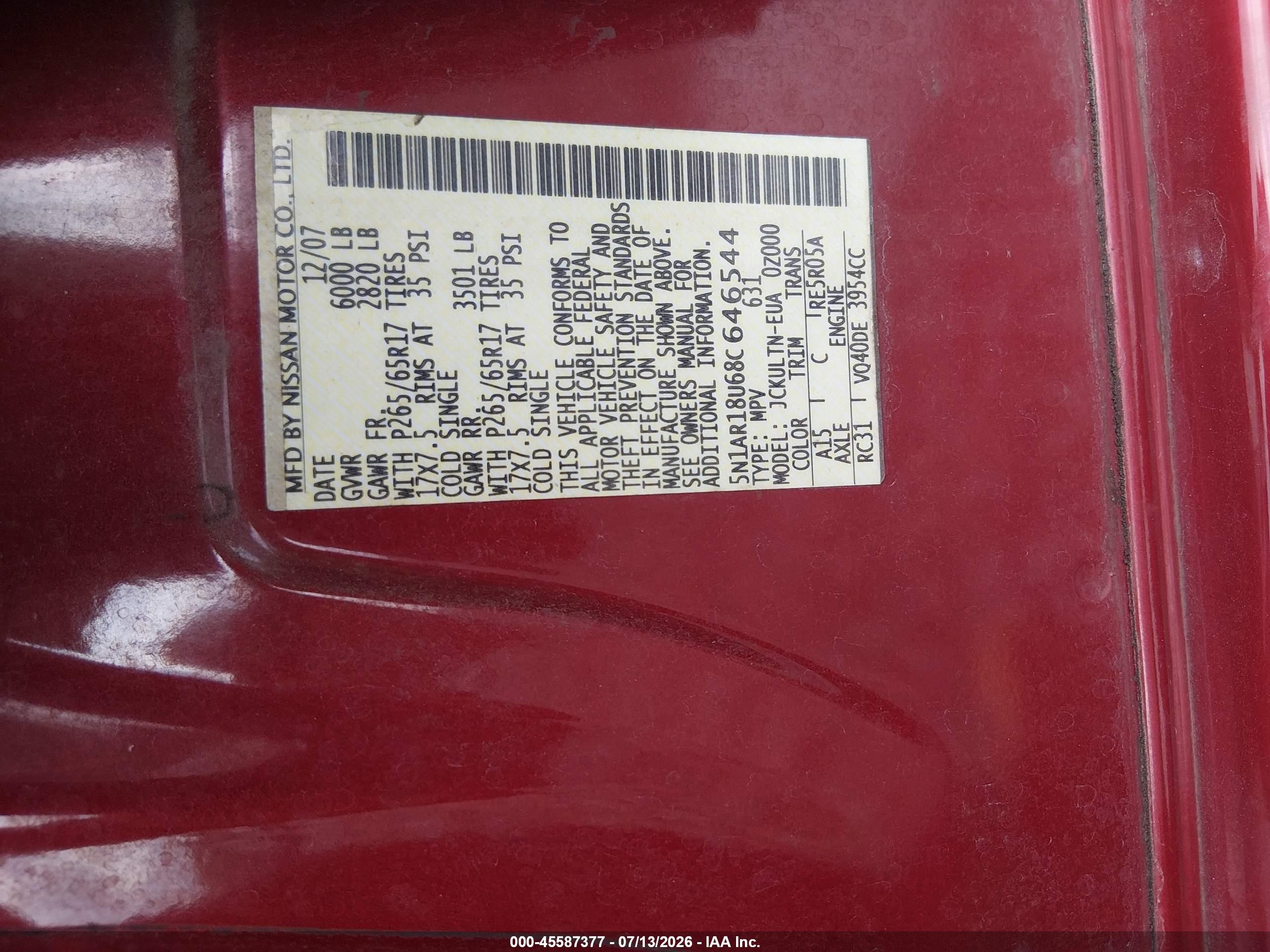 2008 Nissan Pathfinder Se Red vin: 5N1AR18U68C646544