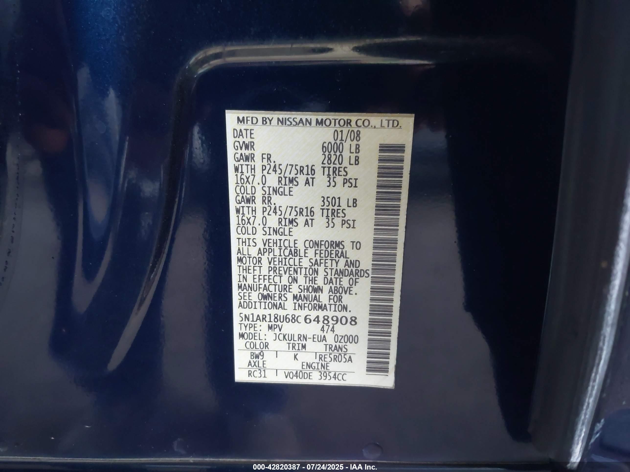 2008 Nissan Pathfinder S Dark Blue vin: 5N1AR18U68C648908