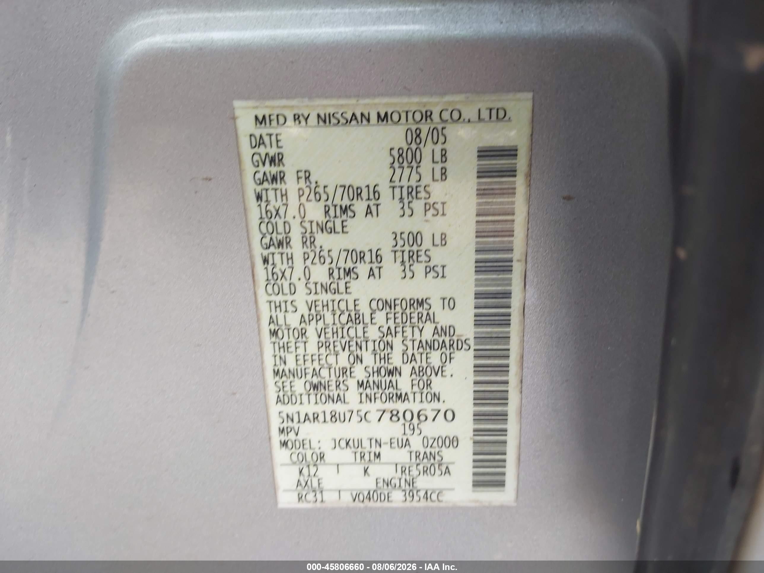2005 Nissan Pathfinder Se Silver vin: 5N1AR18U75C780670