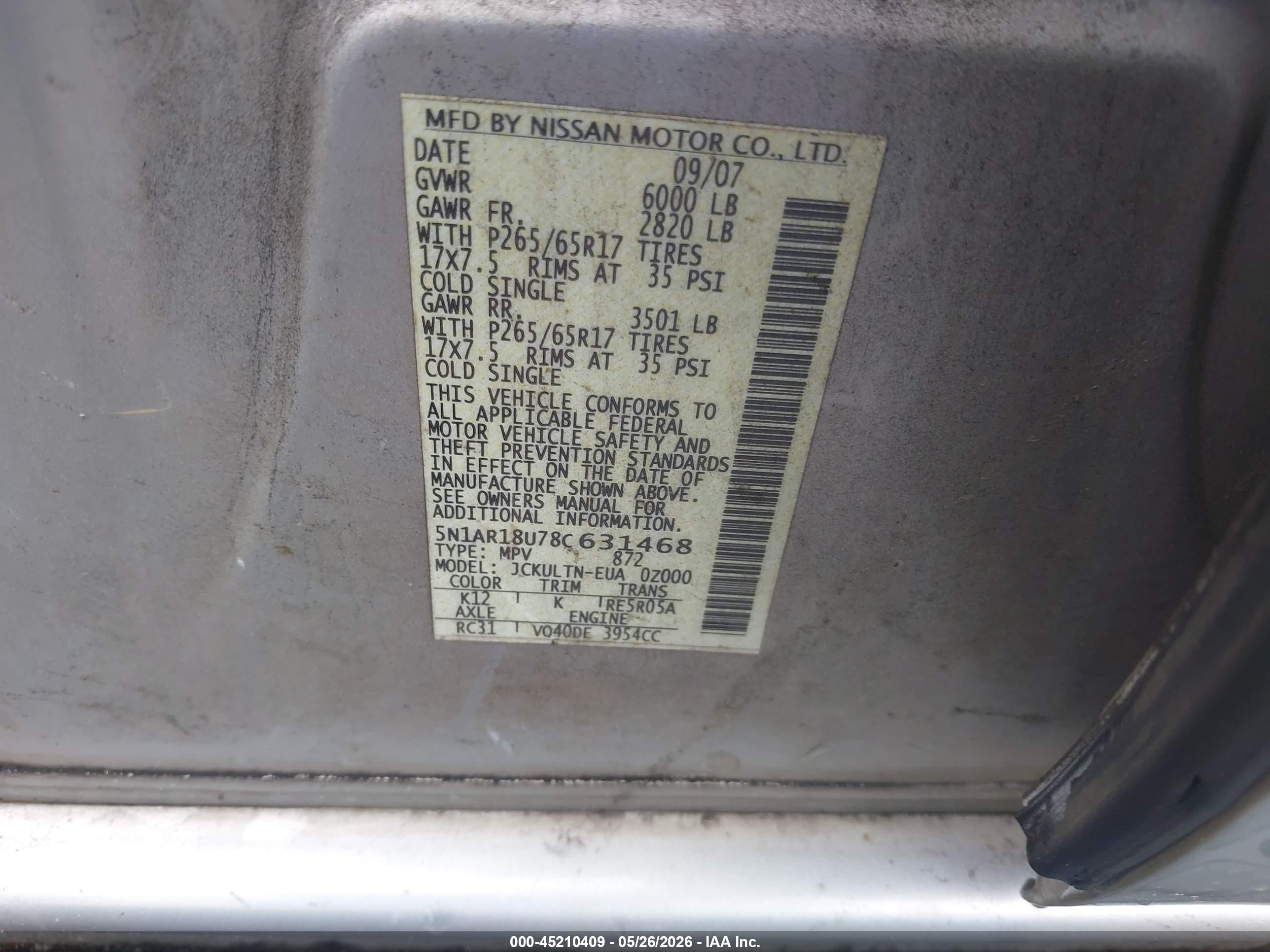 2008 Nissan Pathfinder Se Silver vin: 5N1AR18U78C631468