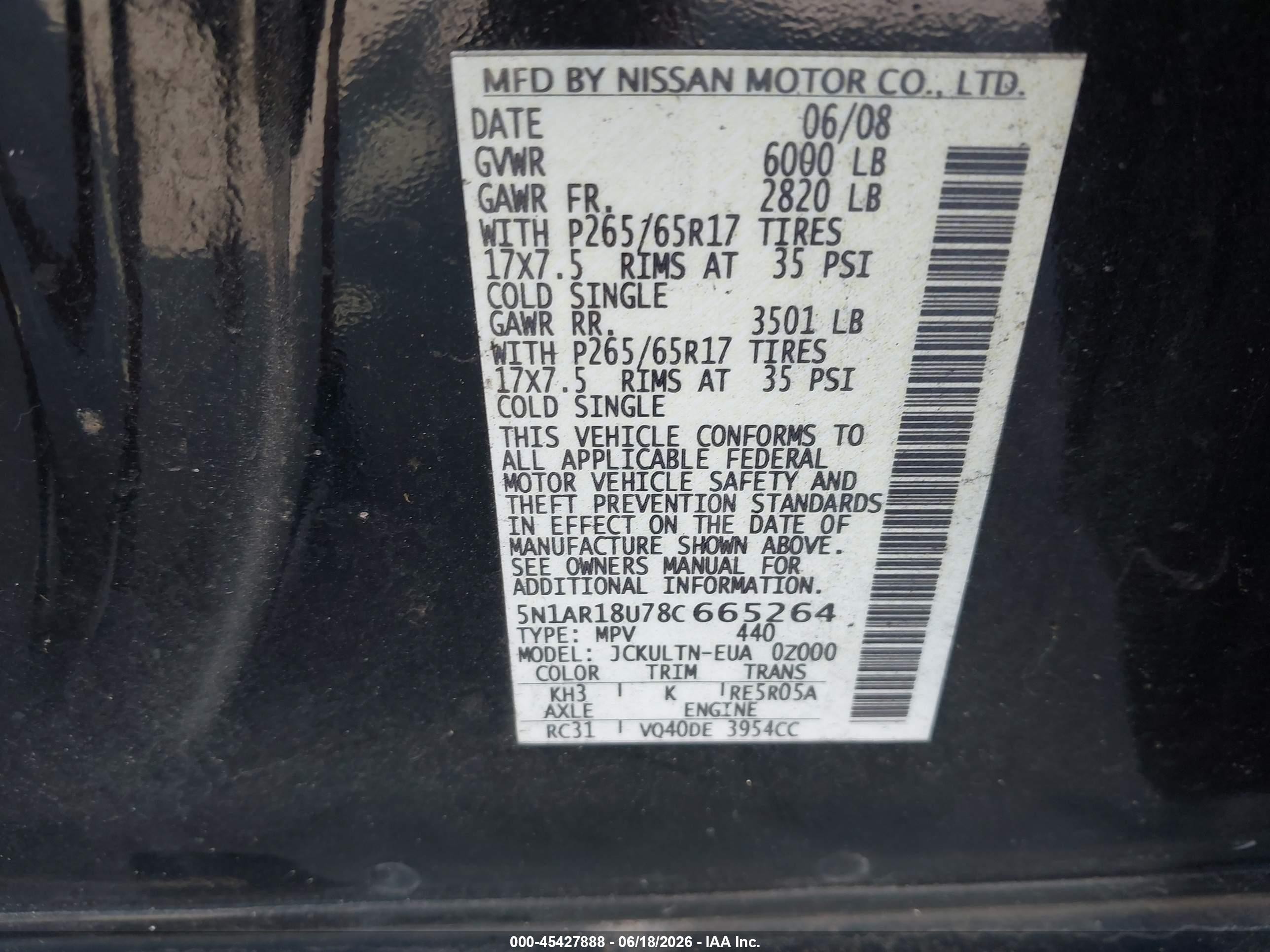 2008 Nissan Pathfinder Se Black vin: 5N1AR18U78C665264