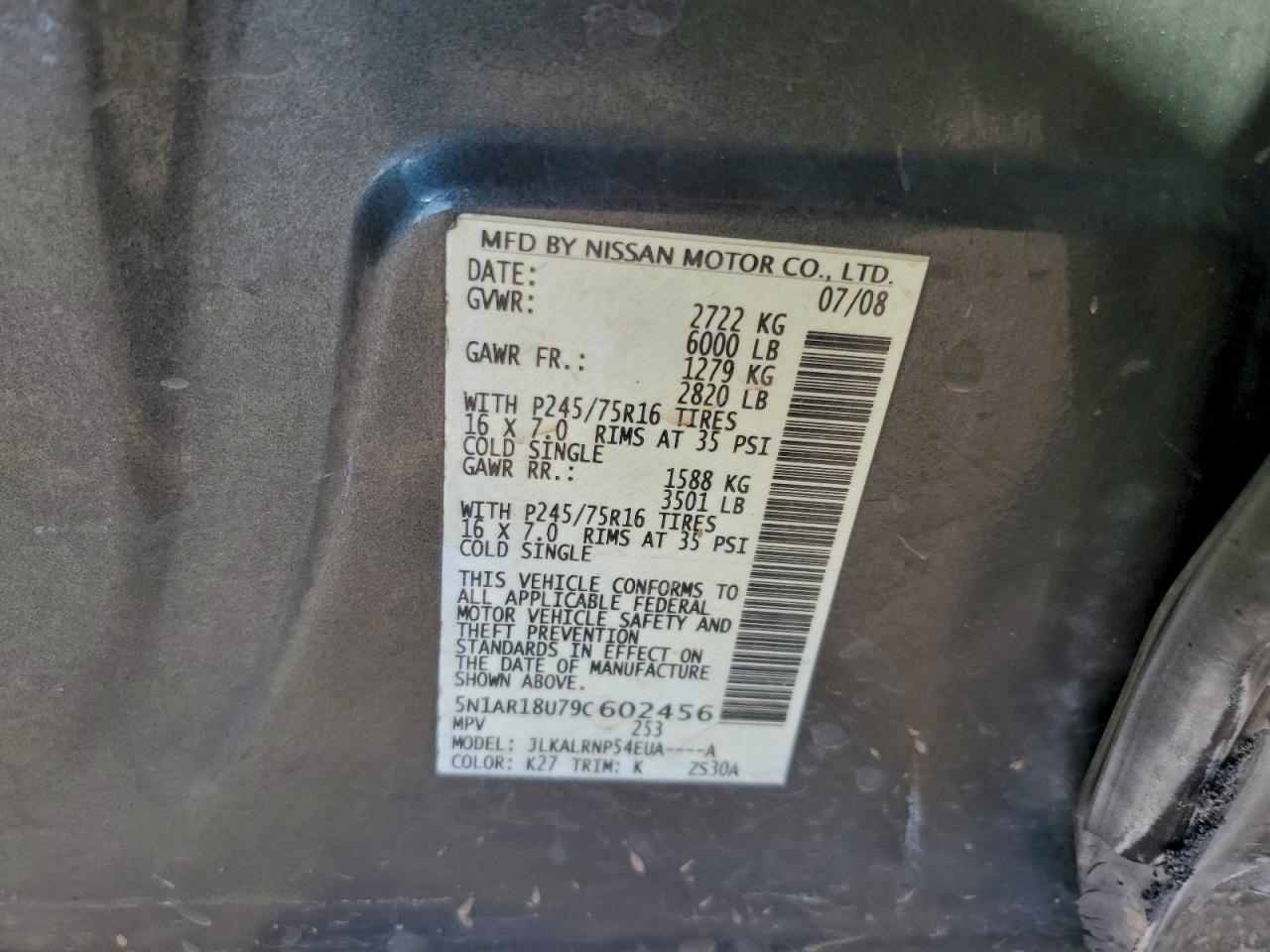 2009 Nissan Pathfinder S Угольный vin: 5N1AR18U79C602456