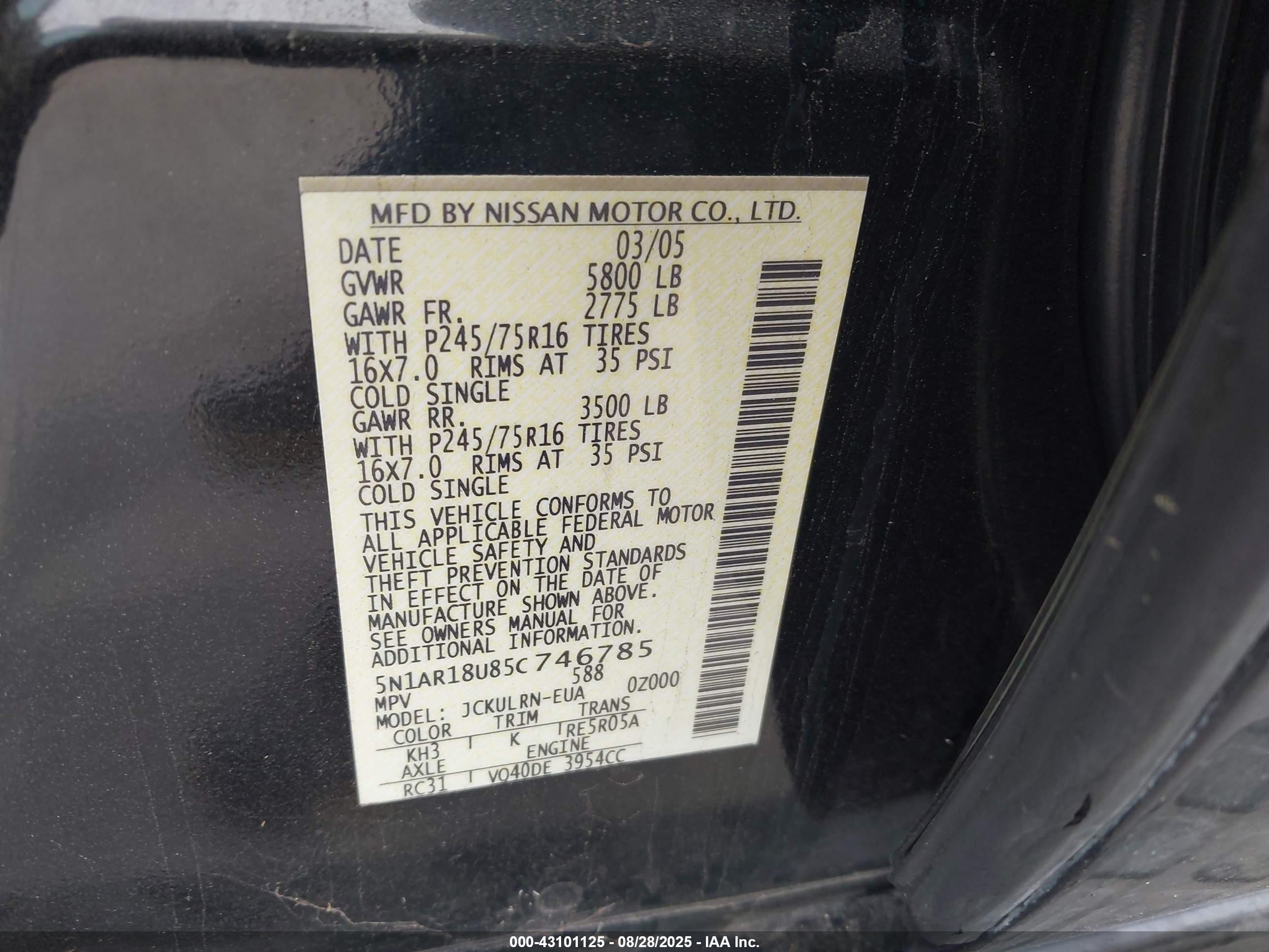 2005 Nissan Pathfinder Xe Black vin: 5N1AR18U85C746785