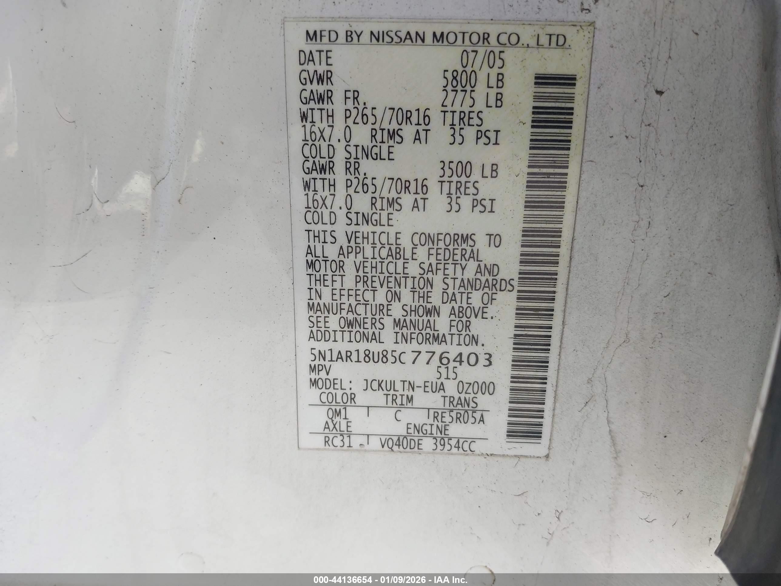 2005 Nissan Pathfinder Se White vin: 5N1AR18U85C776403