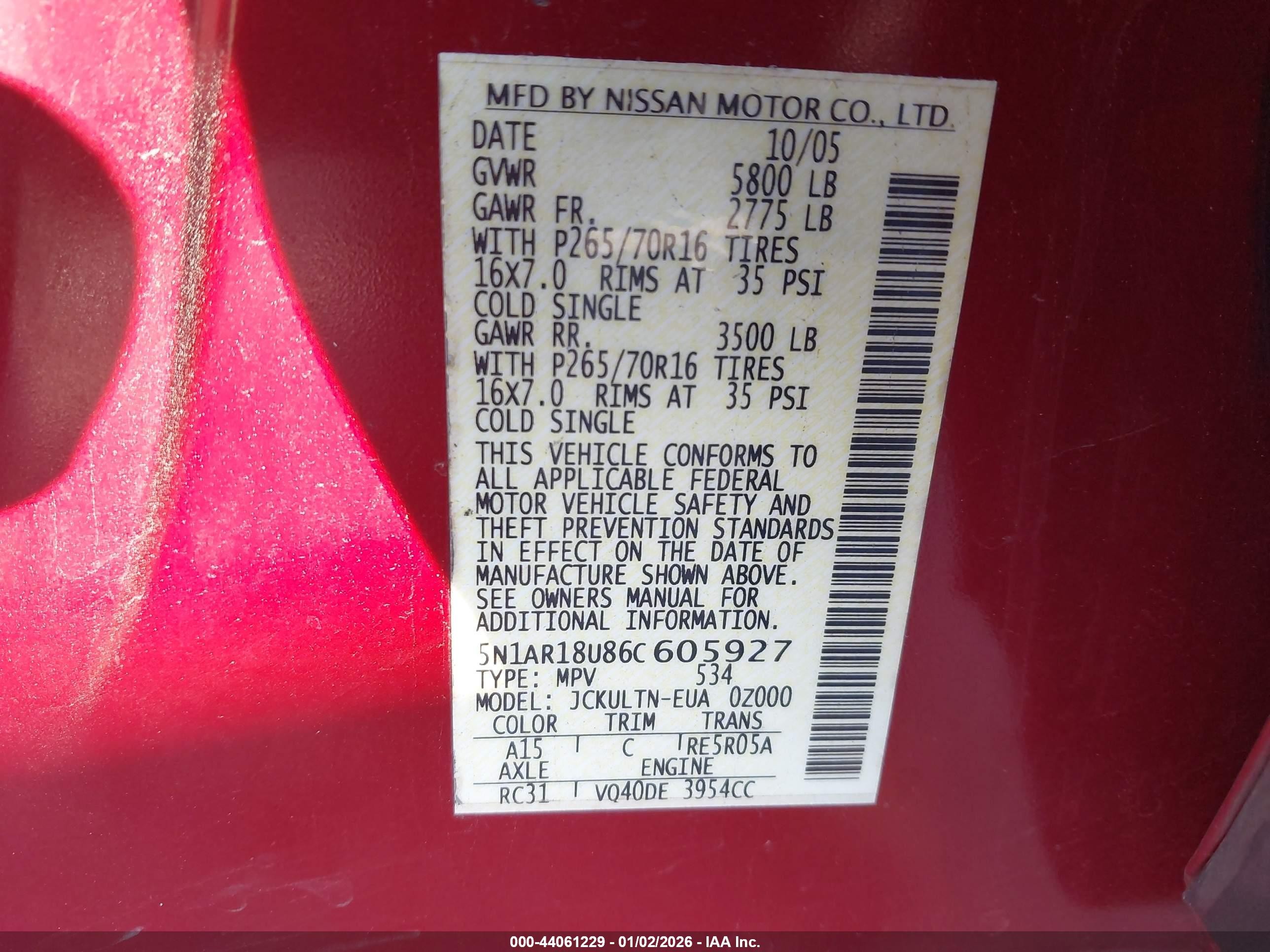 2006 Nissan Pathfinder Se Red vin: 5N1AR18U86C605927