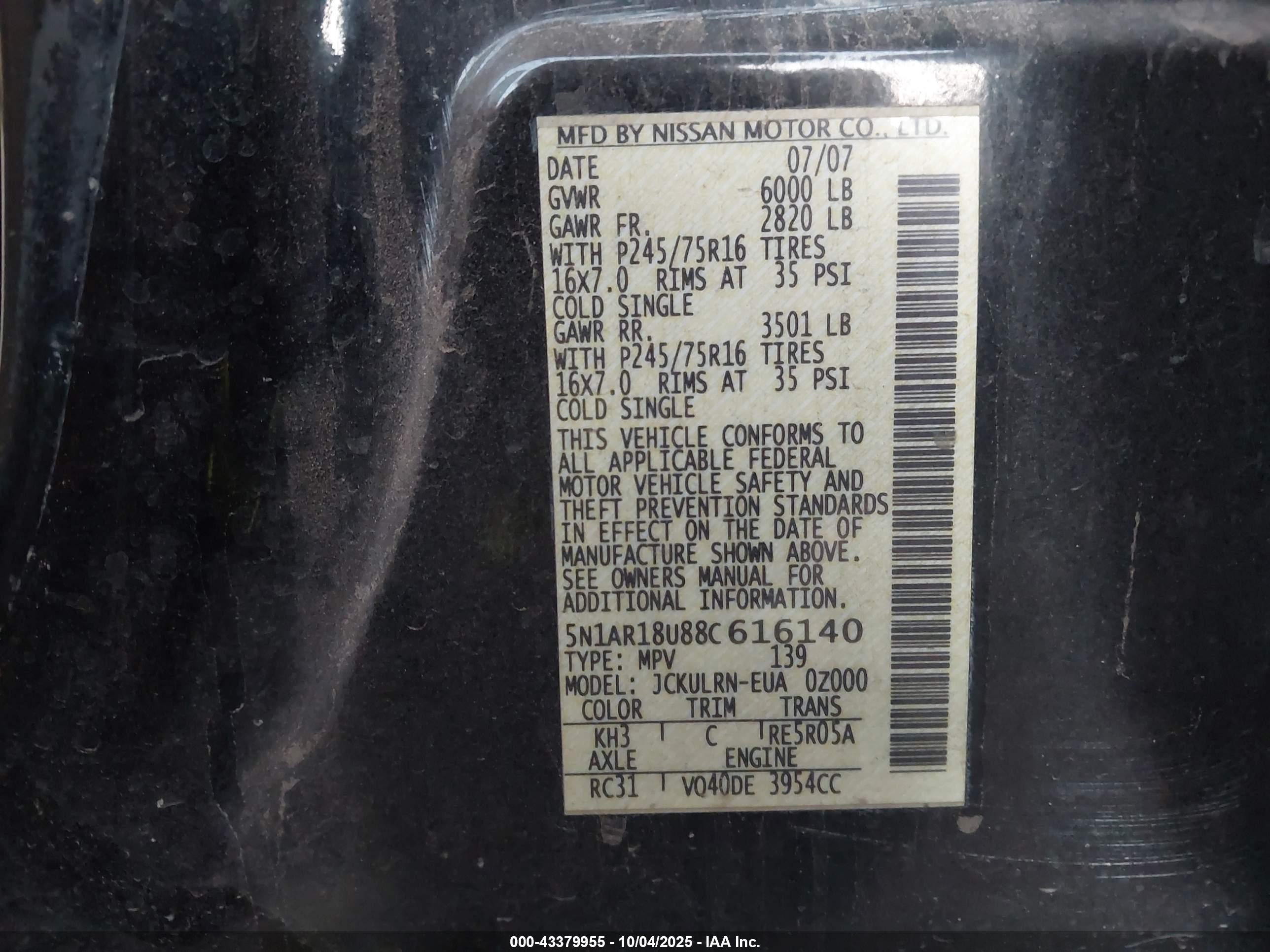 2008 Nissan Pathfinder S Black vin: 5N1AR18U88C616140